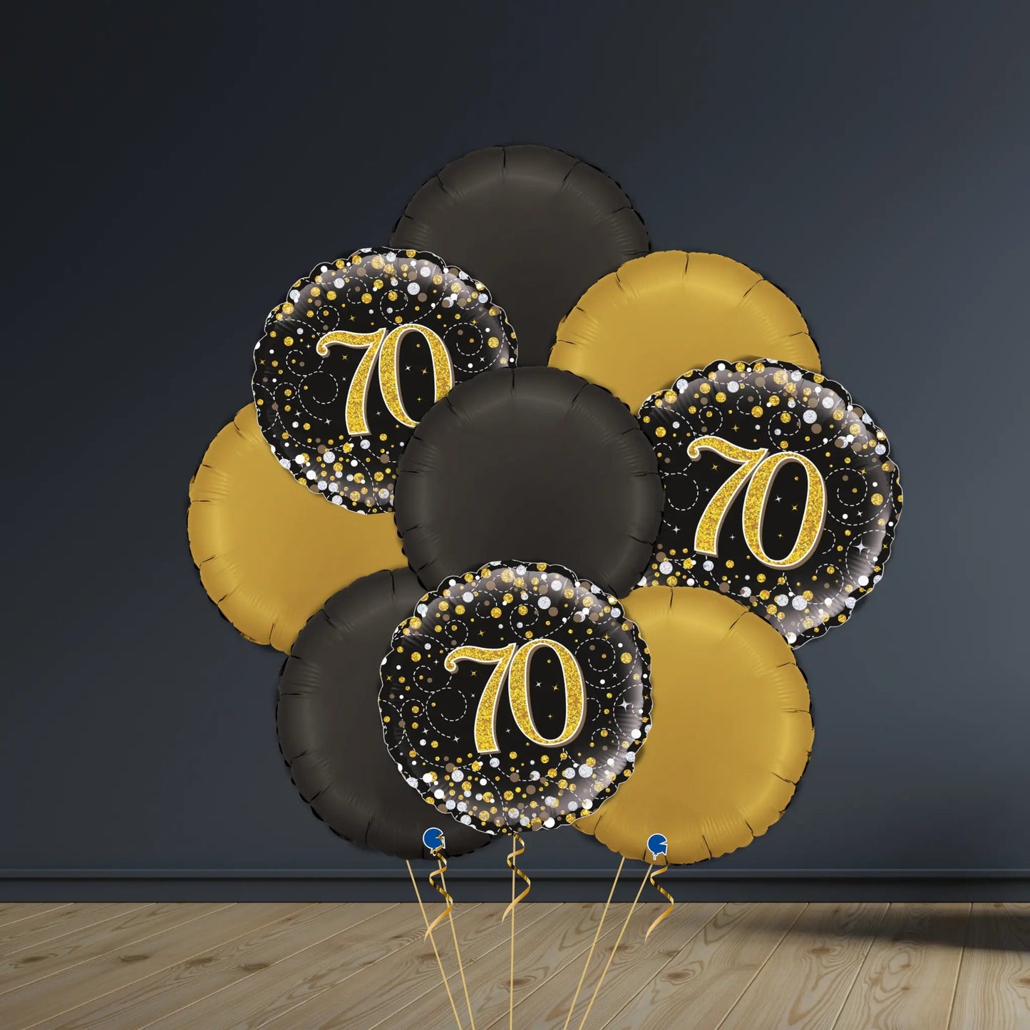 70th Birthday Balloon Package | Black & Gold Rounds, Helium | The Party Hut Cheltenham