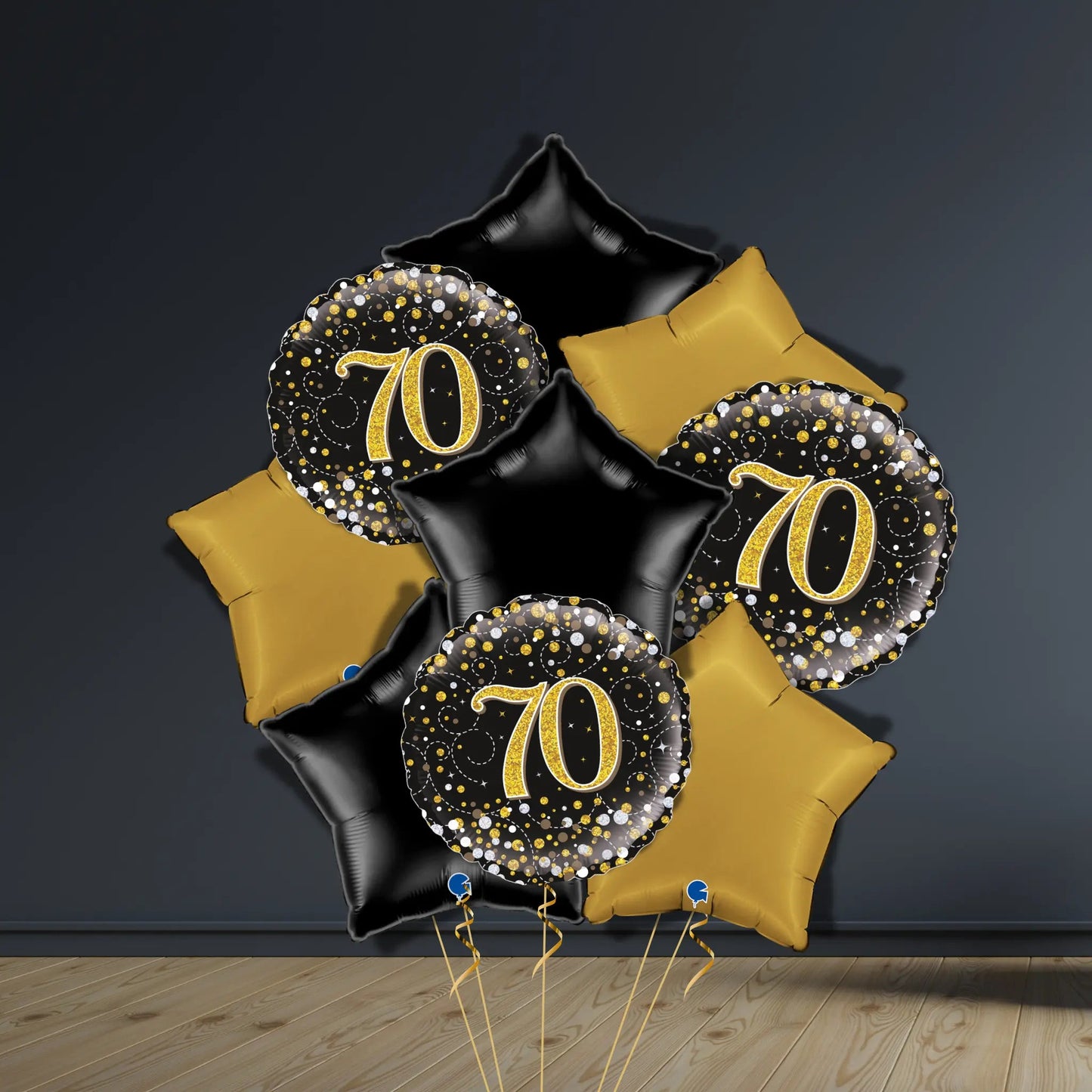 70th Birthday Balloon Package | Black & Gold Stars, Helium | The Party Hut Cheltenham