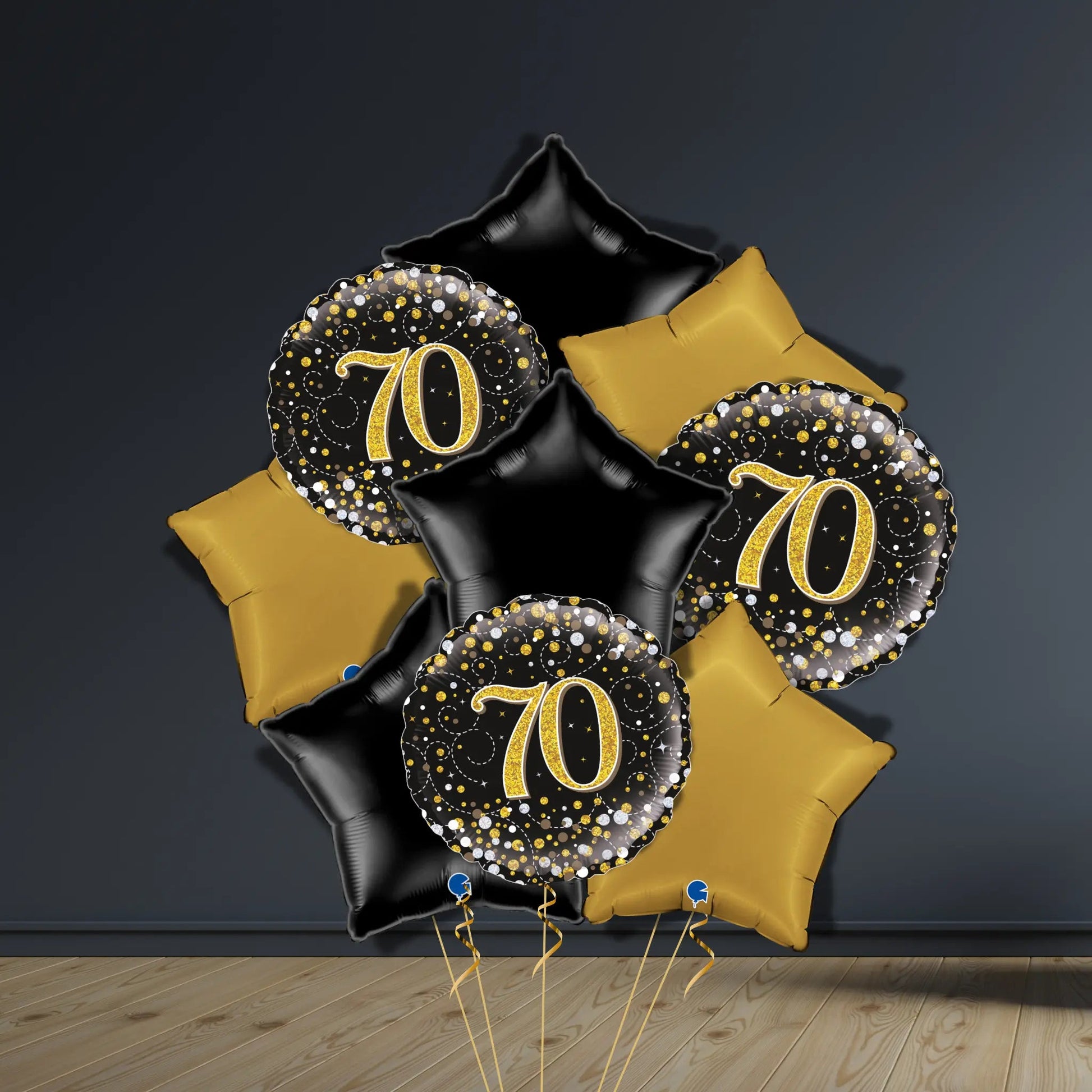 70th Birthday Balloon Package | Black & Gold Stars & Helium