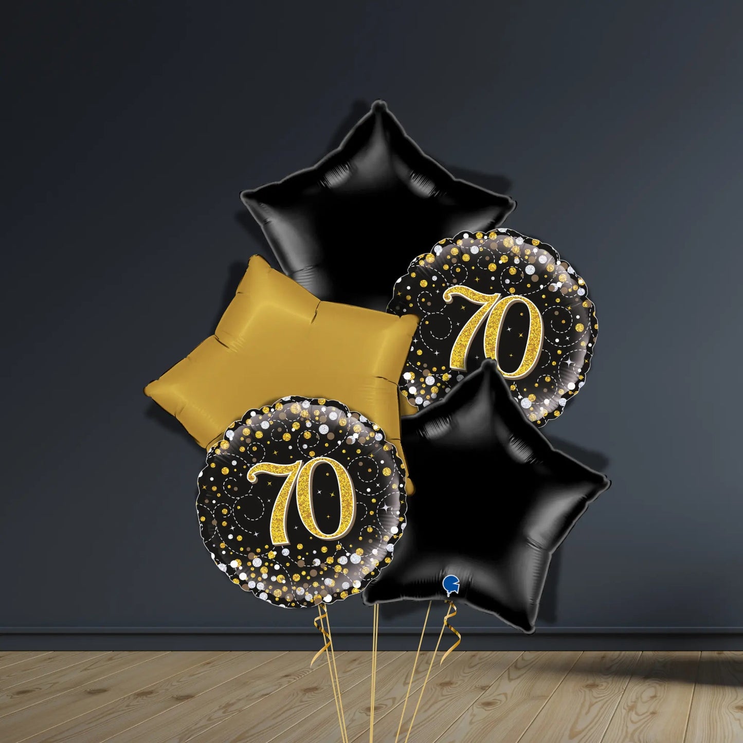 70th Birthday Balloon Package | Black & Gold Stars, Helium | The Party Hut Cheltenham