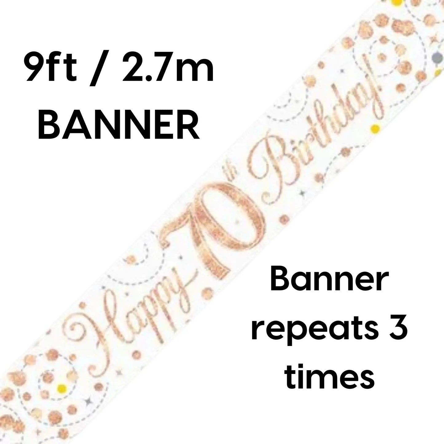70th Birthday Banner – 9ft Sparkling Fizz White & Rose Gold Holographic | The Party Hut Cheltenham