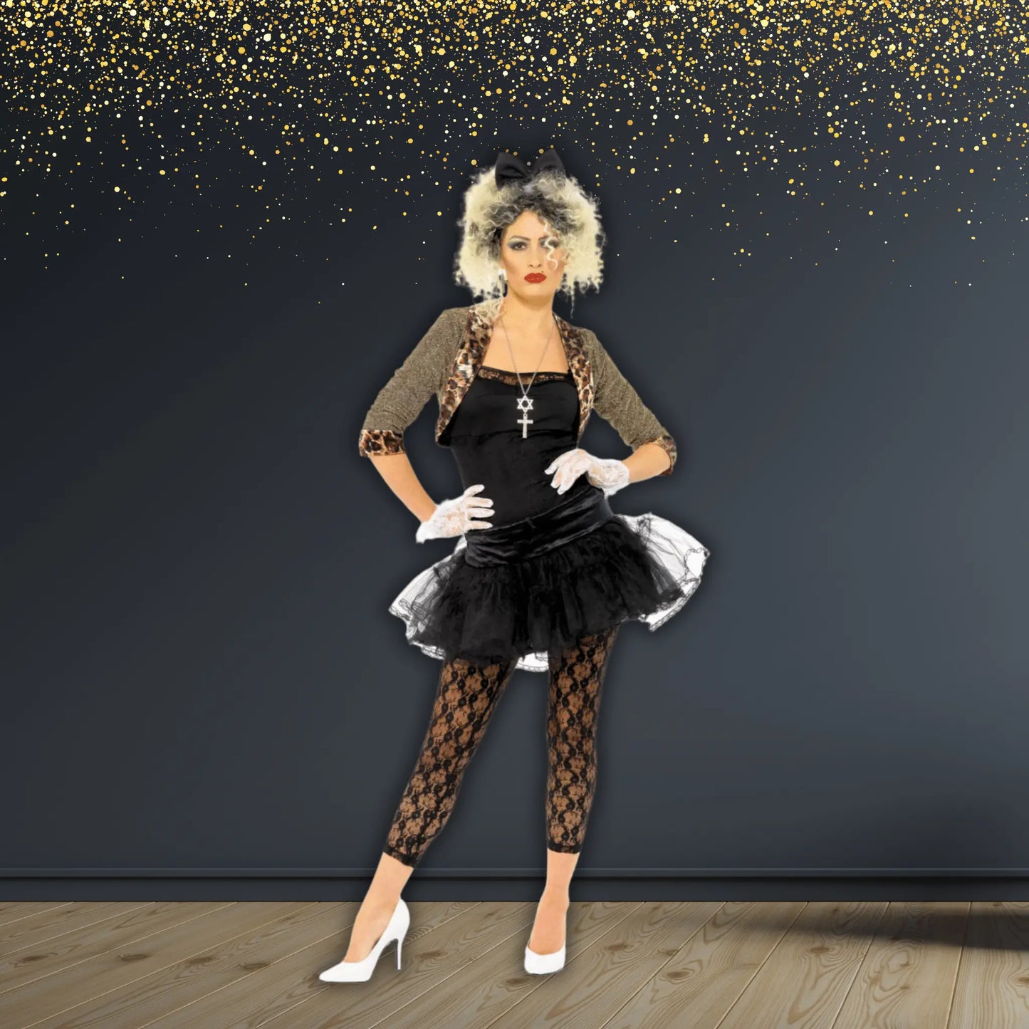 80s Wild Child Costume - Black | Jacket, Top, Tutu, Leggings, Gloves & Headband | The Party Hut