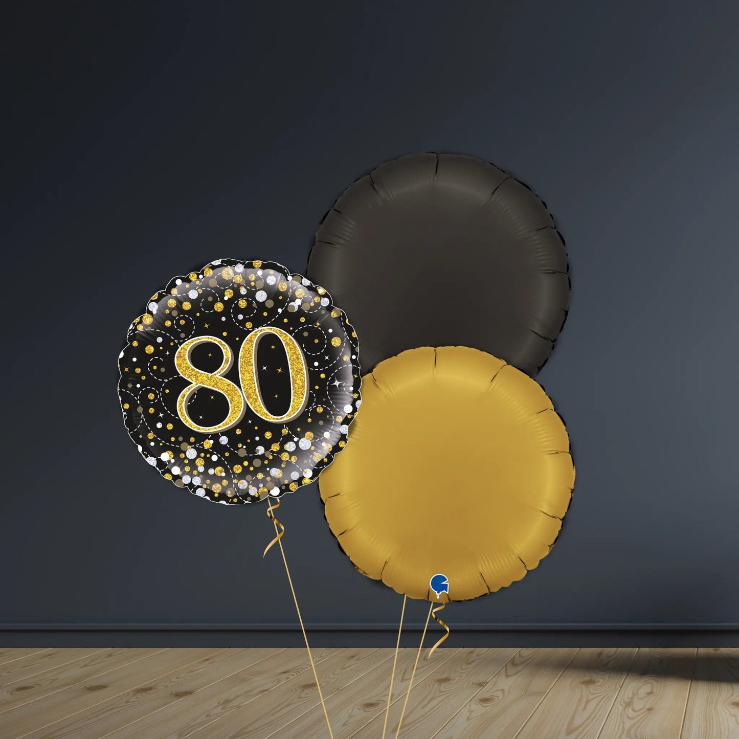 80th Birthday Balloon Package | Black & Gold Rounds, Helium | The Party Hut Cheltenham