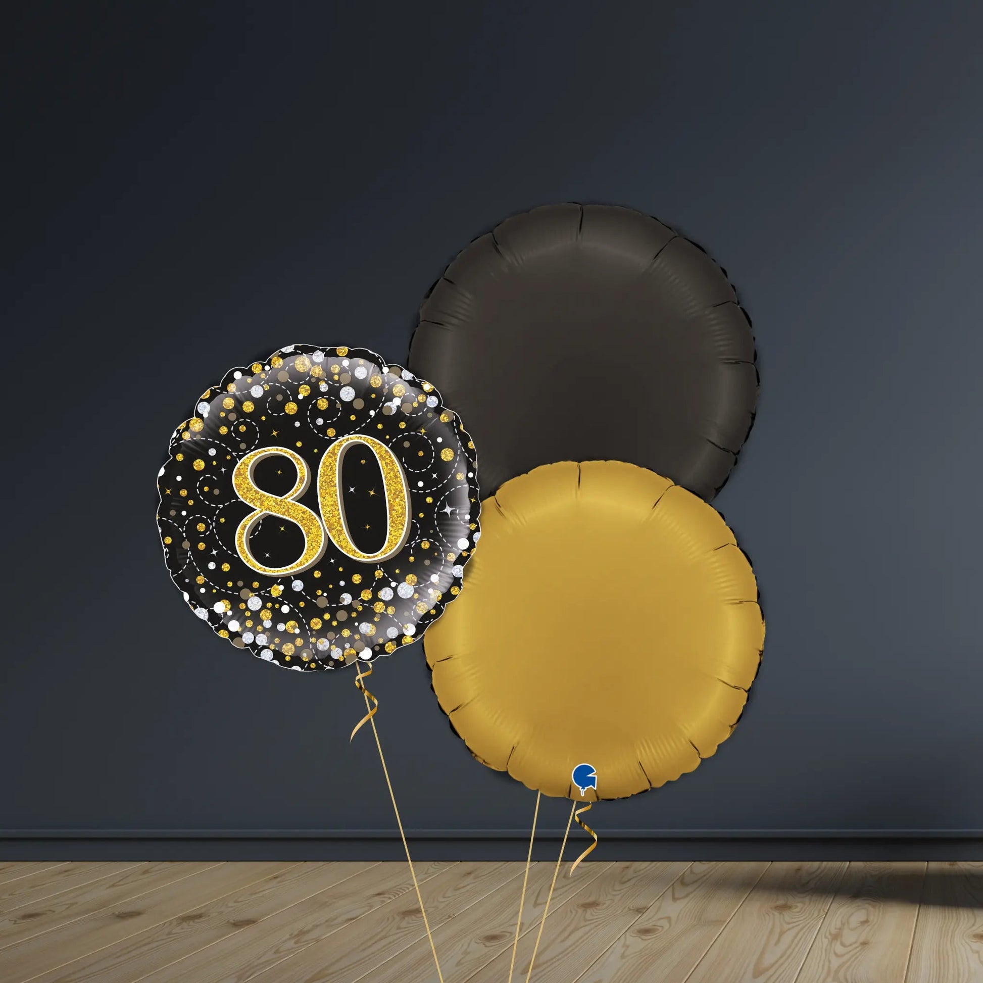 80th Birthday Balloon Package | Black & Gold Rounds, Helium