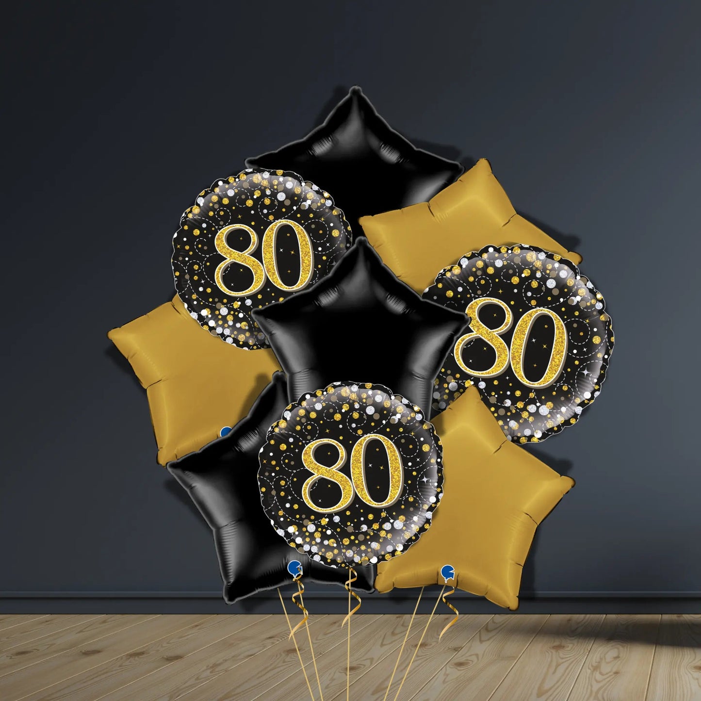 80th Birthday Balloon Package | Black & Gold Stars, Helium | The Party Hut Cheltenham