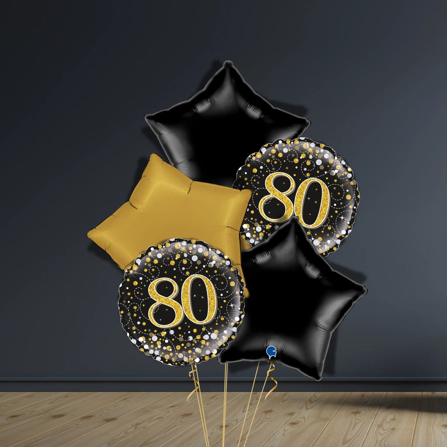 80th Birthday Balloon Package | Black & Gold Stars, Helium | The Party Hut Cheltenham