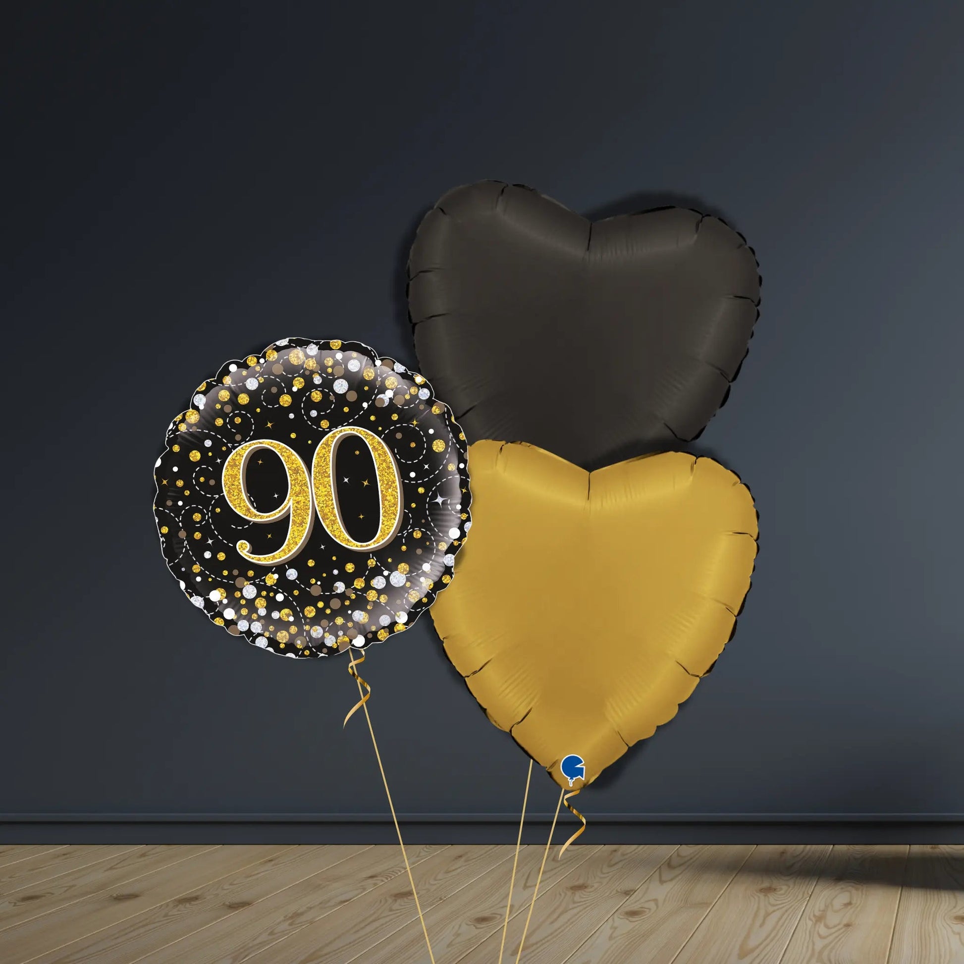 90th Birthday Balloon Package | Black & Gold Hearts & Helium