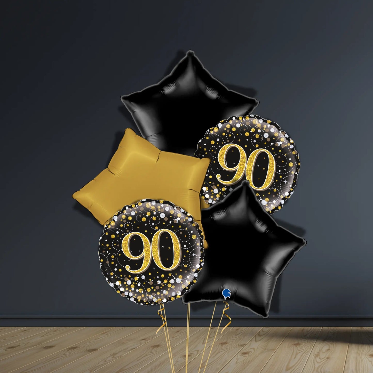 90th Birthday Balloon Package | Black & Gold Stars, Helium | The Party Hut Cheltenham