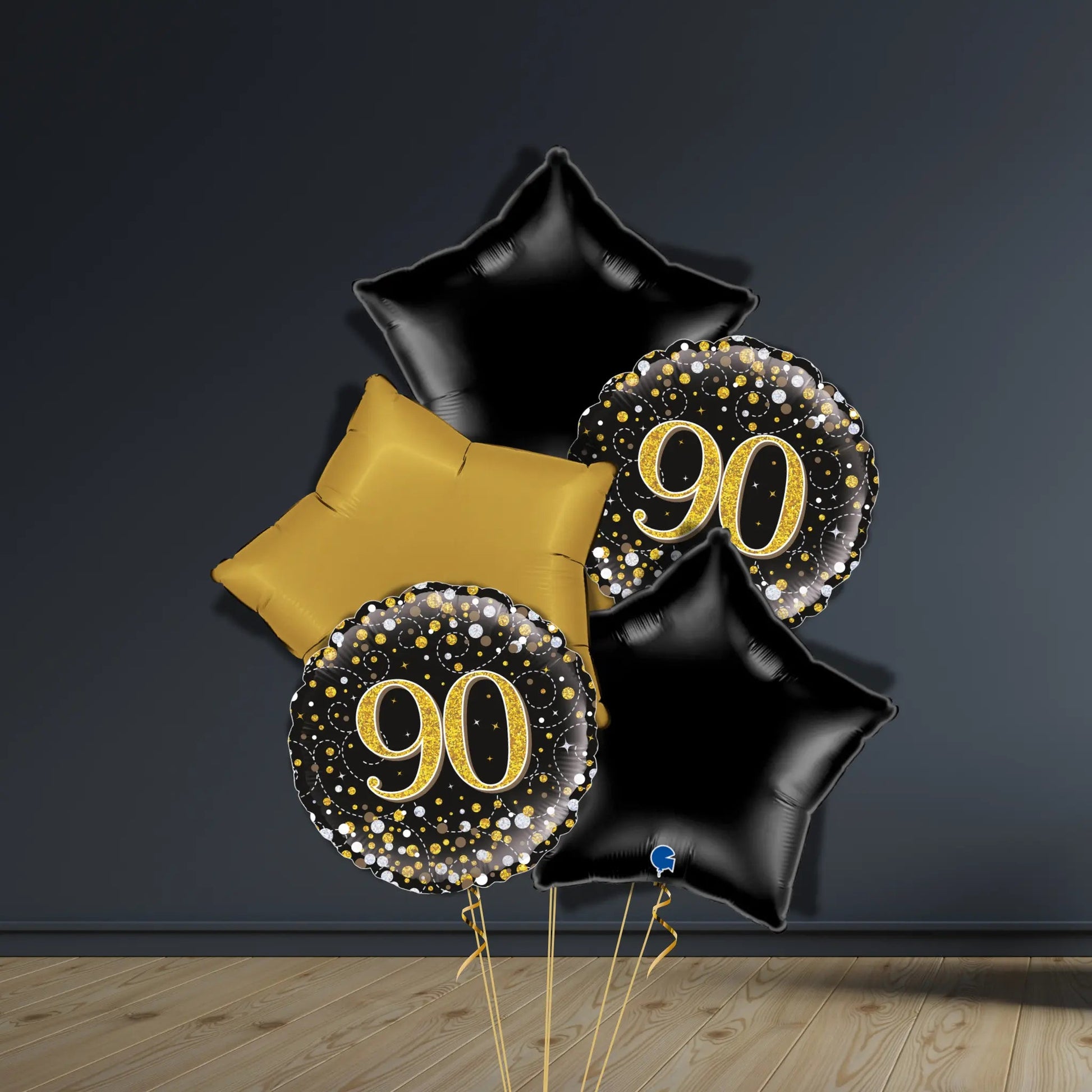 90th Birthday Balloon Package | Black & Gold Stars & Helium