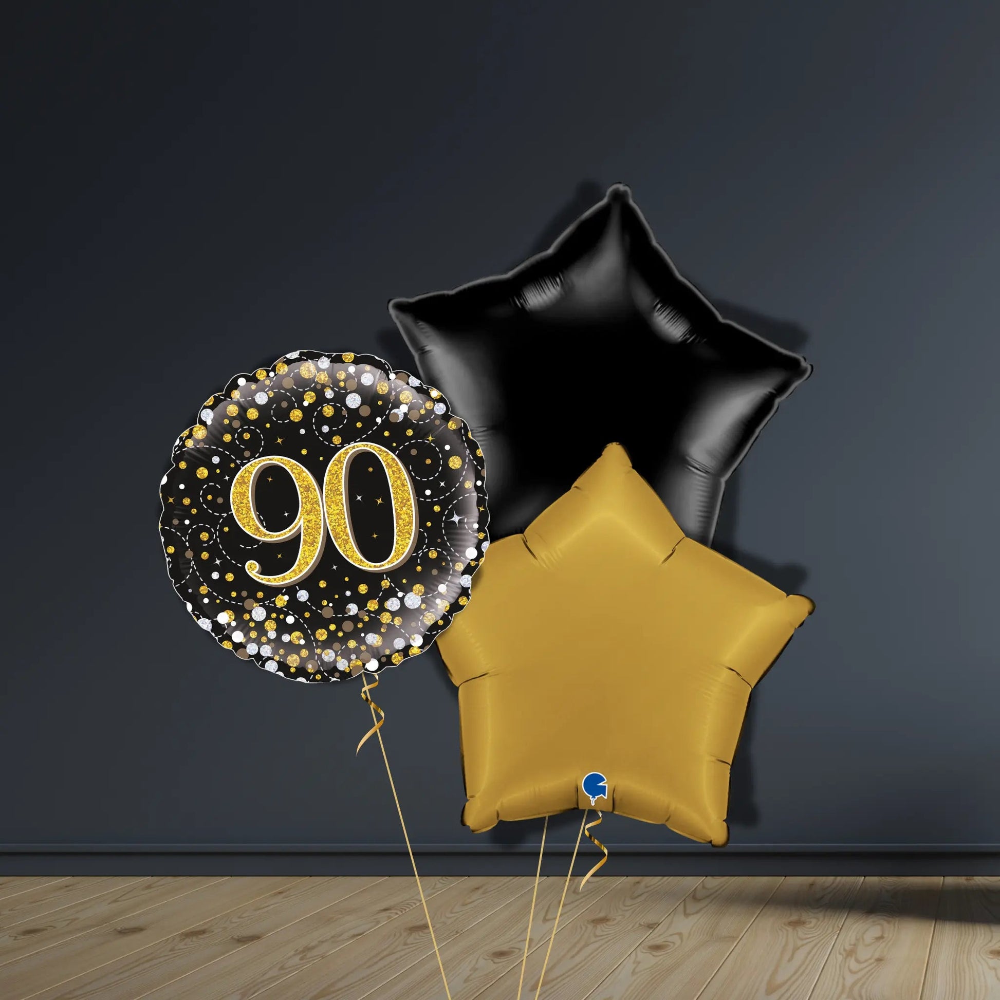90th Birthday Balloon Package | Black & Gold Stars & Helium