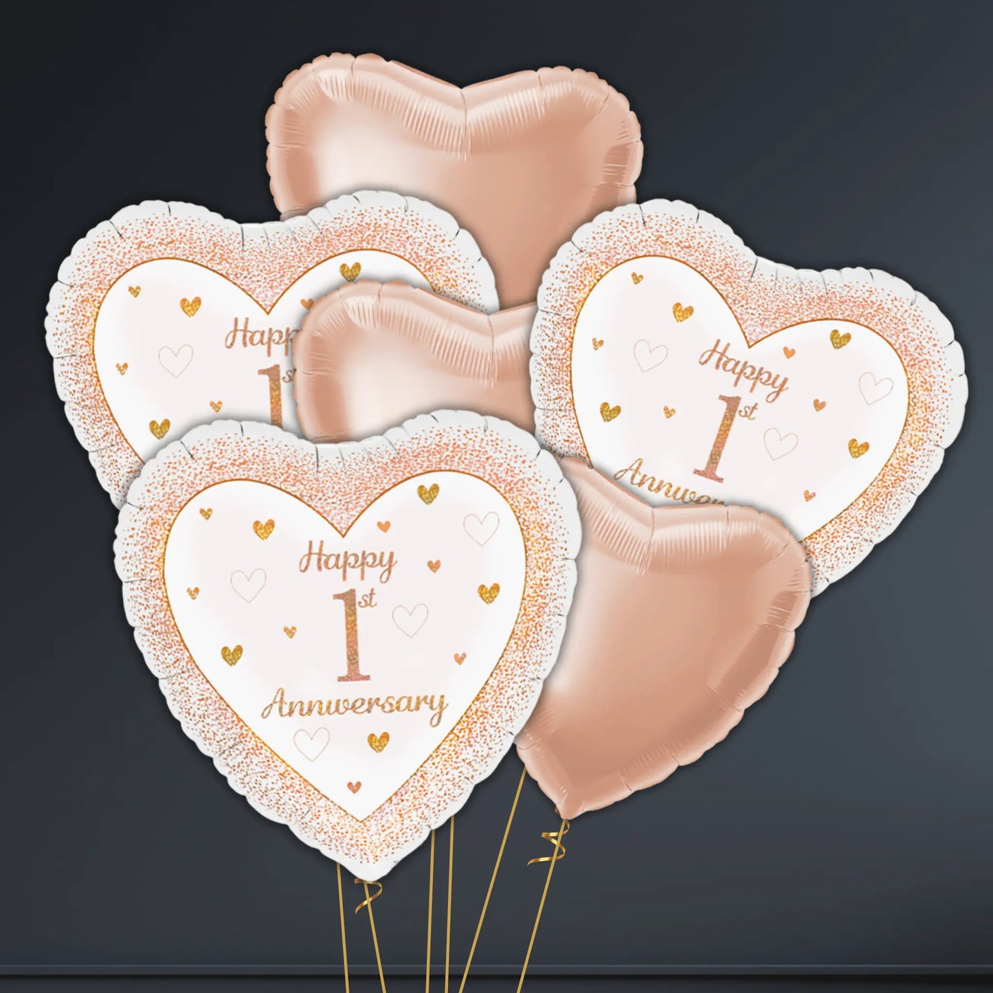 Happy 1st Anniversary Rose Gold Heart Foil Balloons - Single or Bouquet Options | The Party Hut