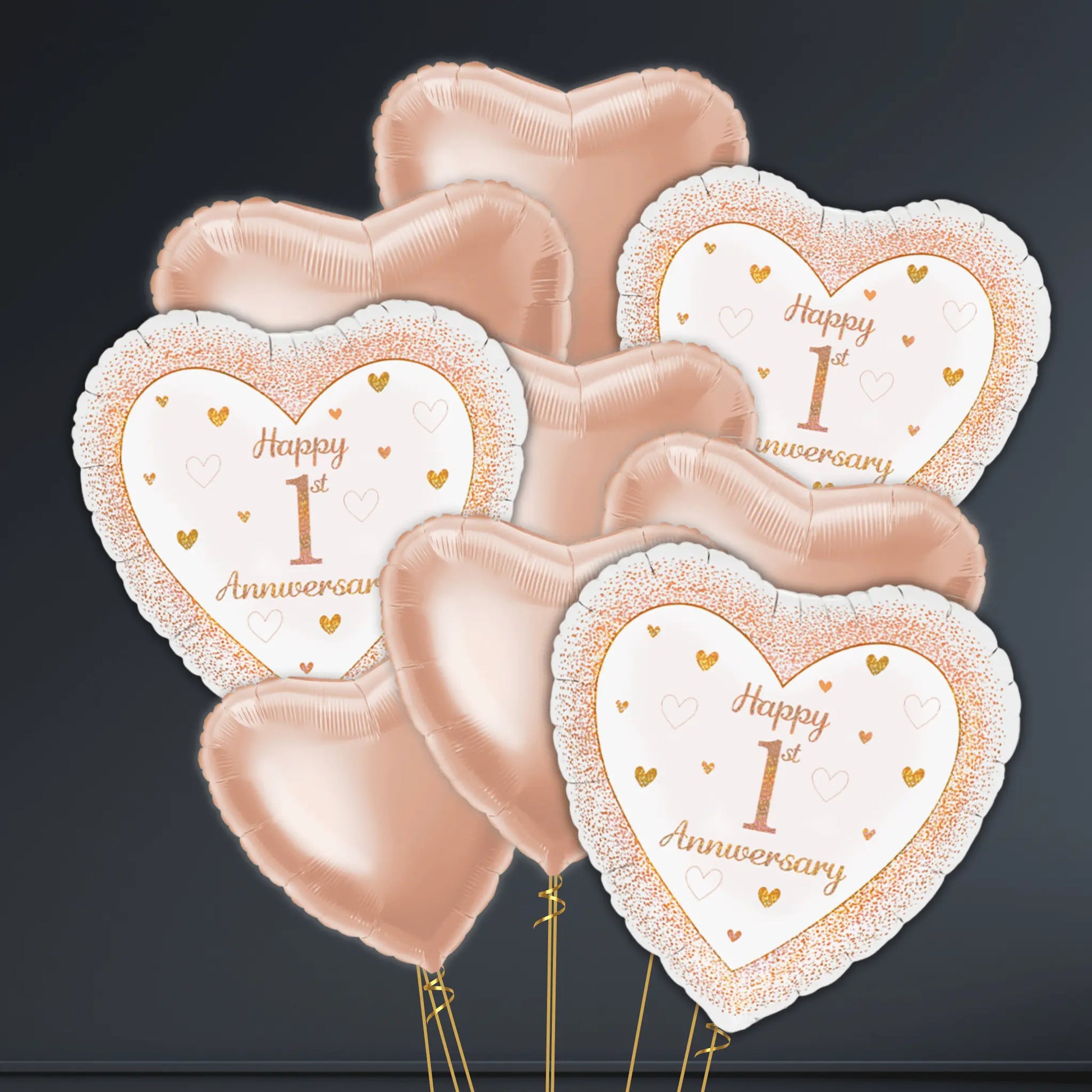 Happy 1st Anniversary Rose Gold Heart Foil Balloons - Single or Bouquet Options