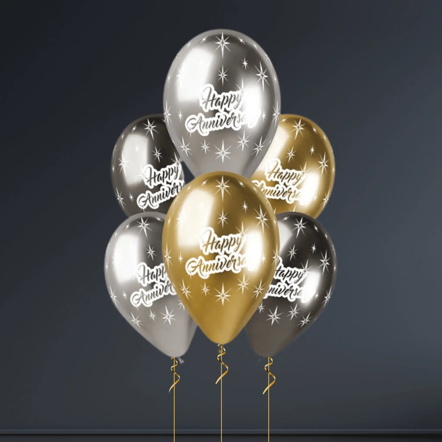Happy Anniversary Latex Balloons - Gold, Silver & Black (Helium Option) | The Party Hut