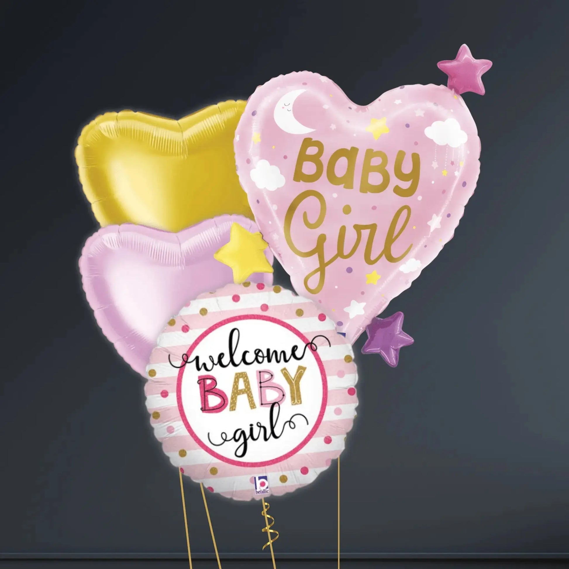 Helium Balloon Bouquet - Welcome Baby Girl Hearts