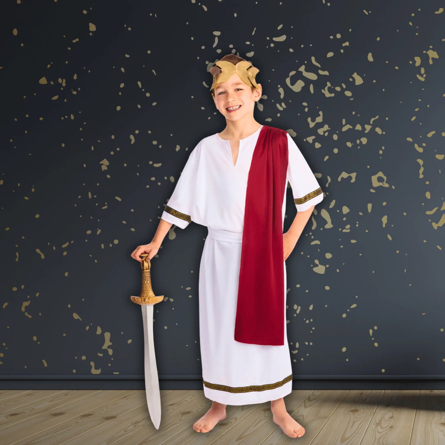 Kids' Roman Emperor Costume – Toga with Drape, Headpiece & Belt | The Party Hut