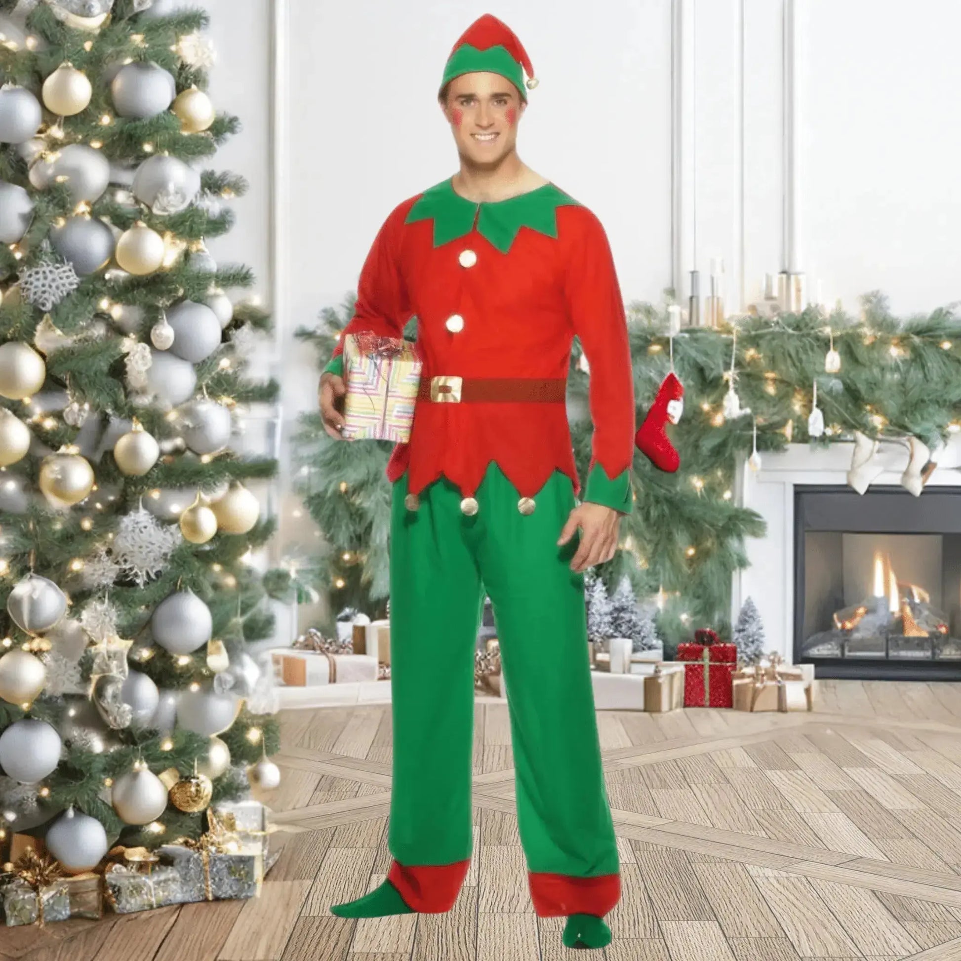 Men's Red & Green Elf Costume – Complete Christmas Outfit with Top, Trousers & Hat
