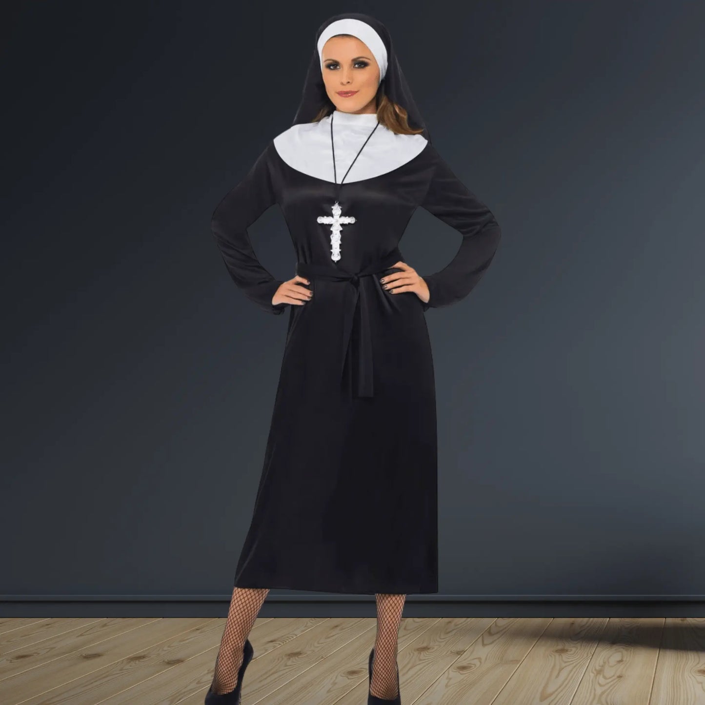 Nun Costume - Black with Dress, Belt & Headdress | The Party Hut