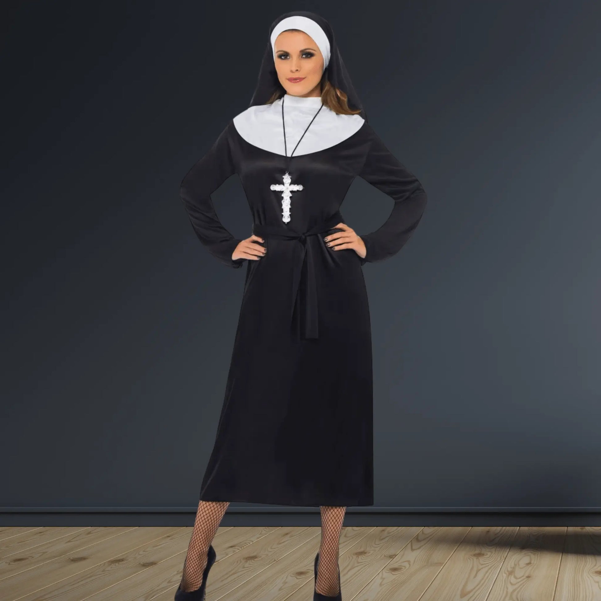 Nun Costume - Black with Dress, Belt & Headdress