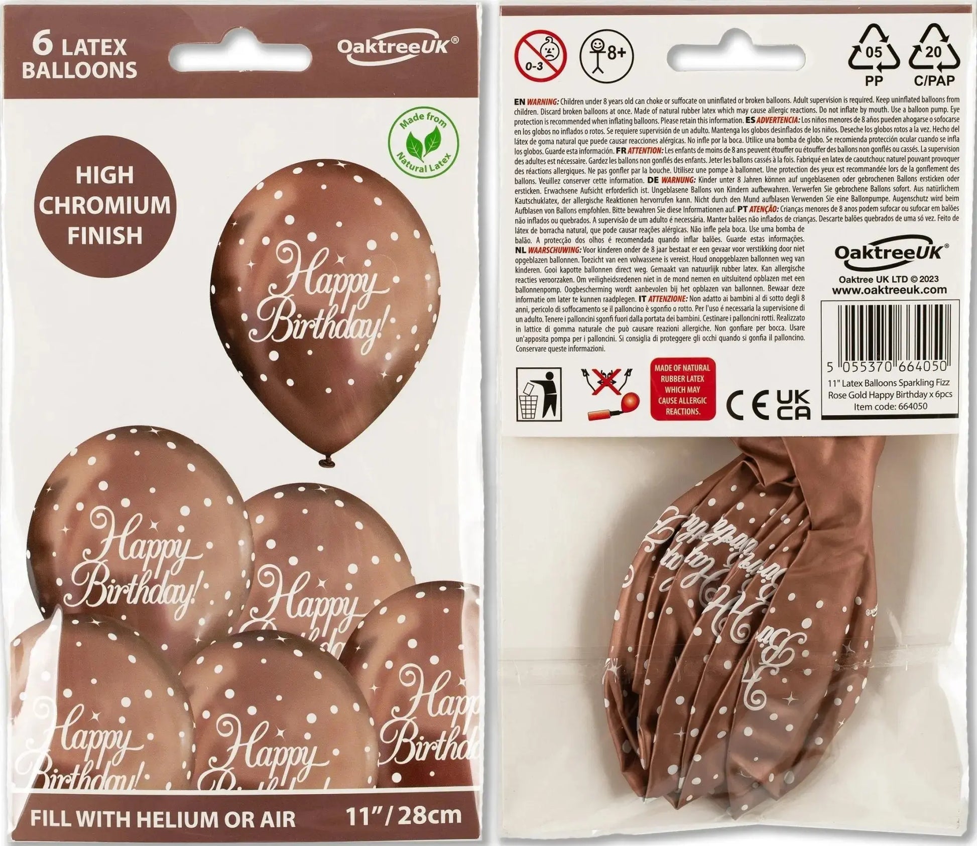 Pack of 6 Rose Gold Birthday Balloons - Helium Option Available
