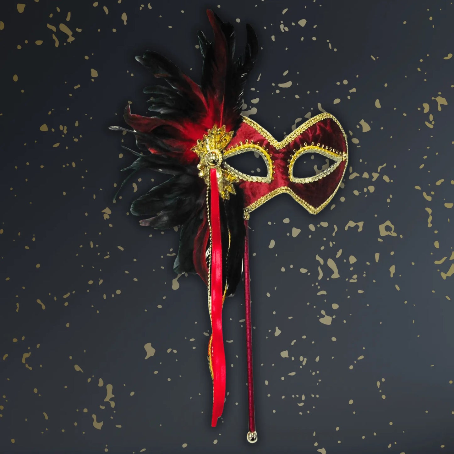 Red Masquerade Mask with Feathers on Stick – Elegant Fancy Dress | The Party Hut