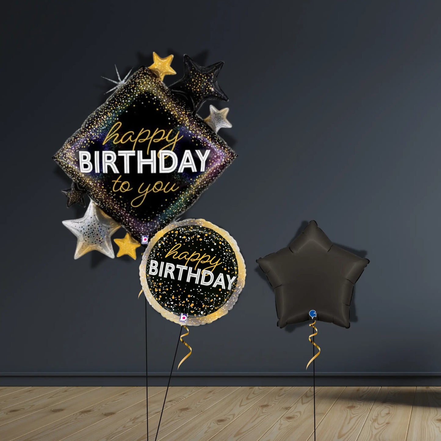 Black & Gold Star Birthday Balloon Package | Helium - Filled | The Party Hut Cheltenham