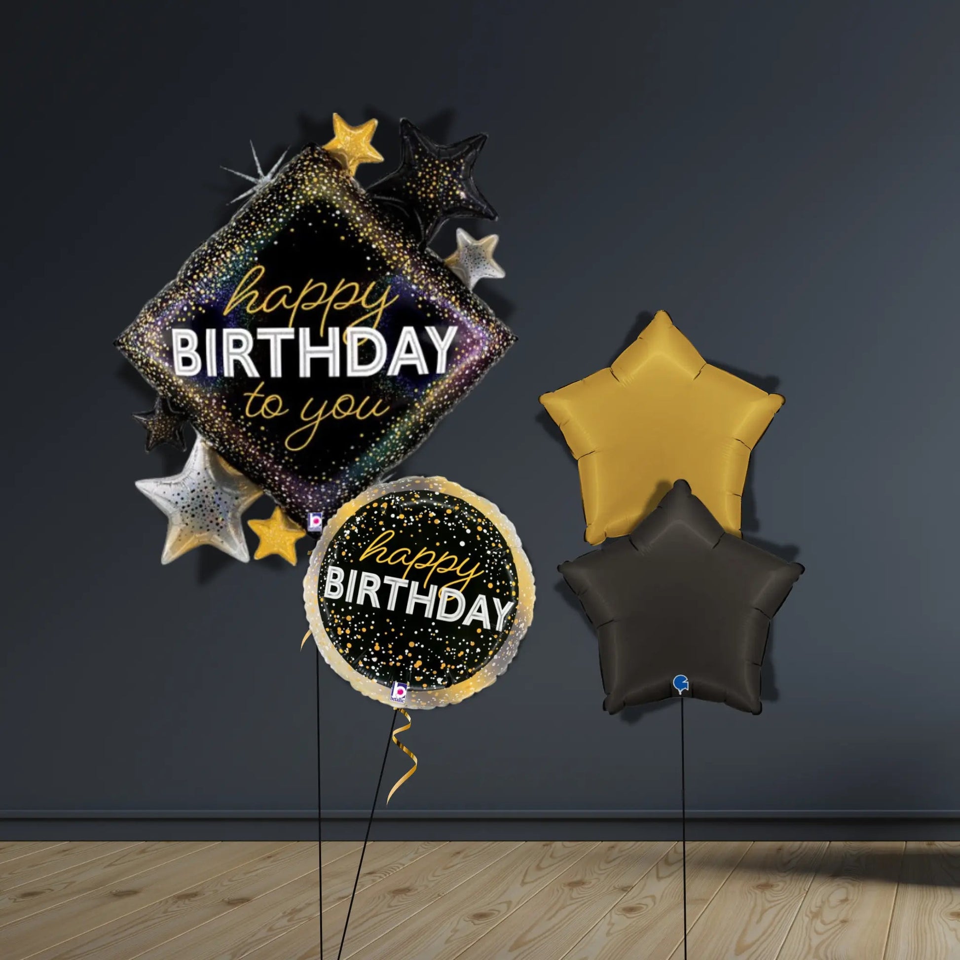 Black & Gold Star Birthday Balloon Package | Helium-Filled
