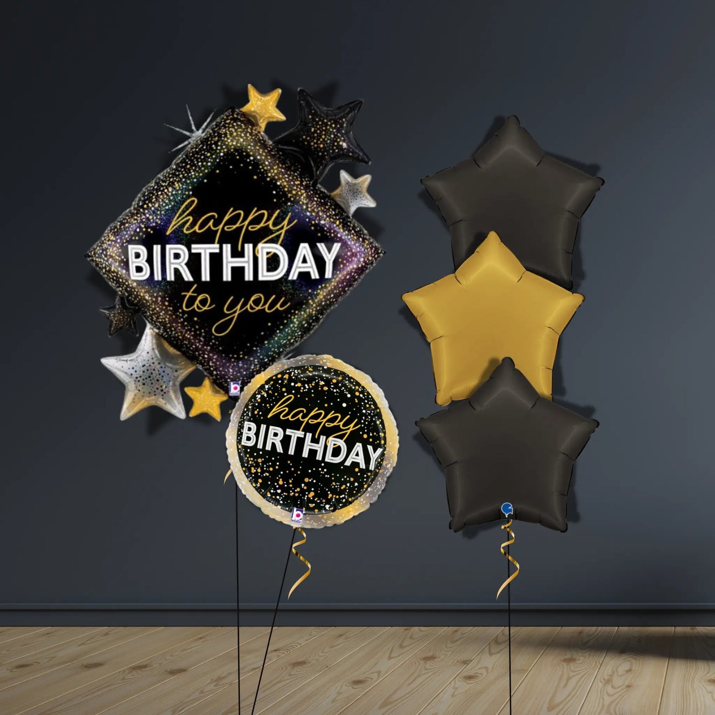 Black & Gold Star Birthday Balloon Package | Helium - Filled | The Party Hut Cheltenham