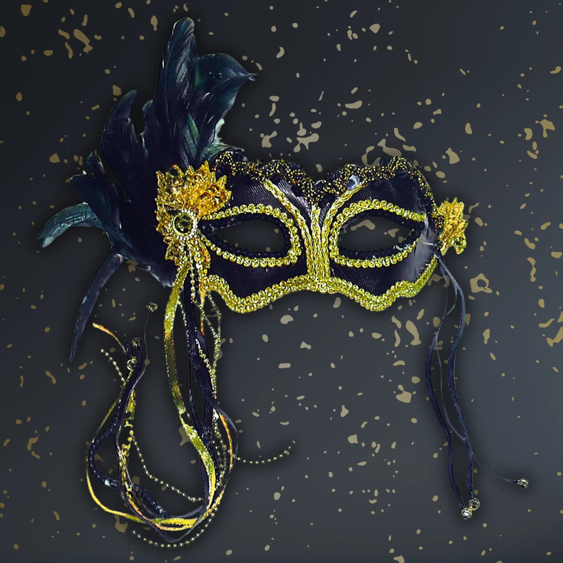 Black Metallic Mask with Side Feather – Elegant Masquerade Fancy Dress