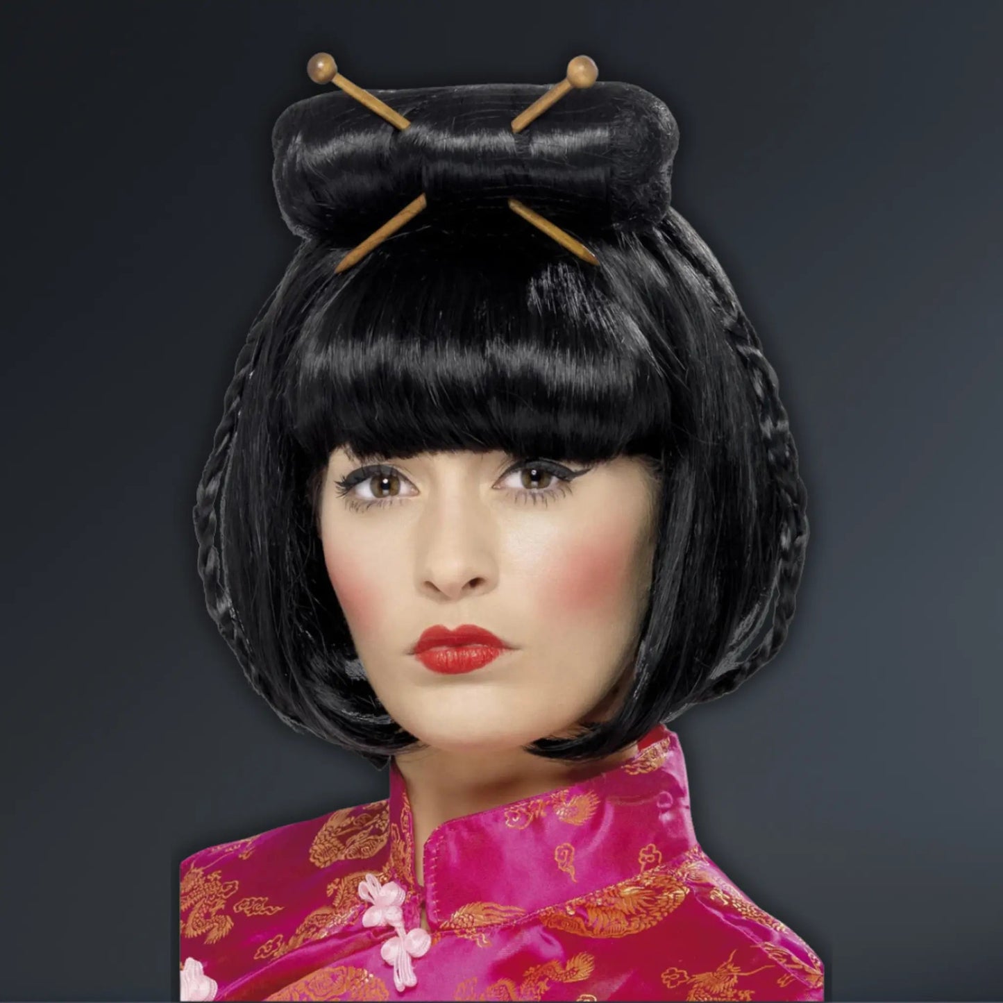Black Oriental Lady Wig – Mid - Length Fancy Dress Wig with Hair Chopsticks | The Party Hut Cheltenham