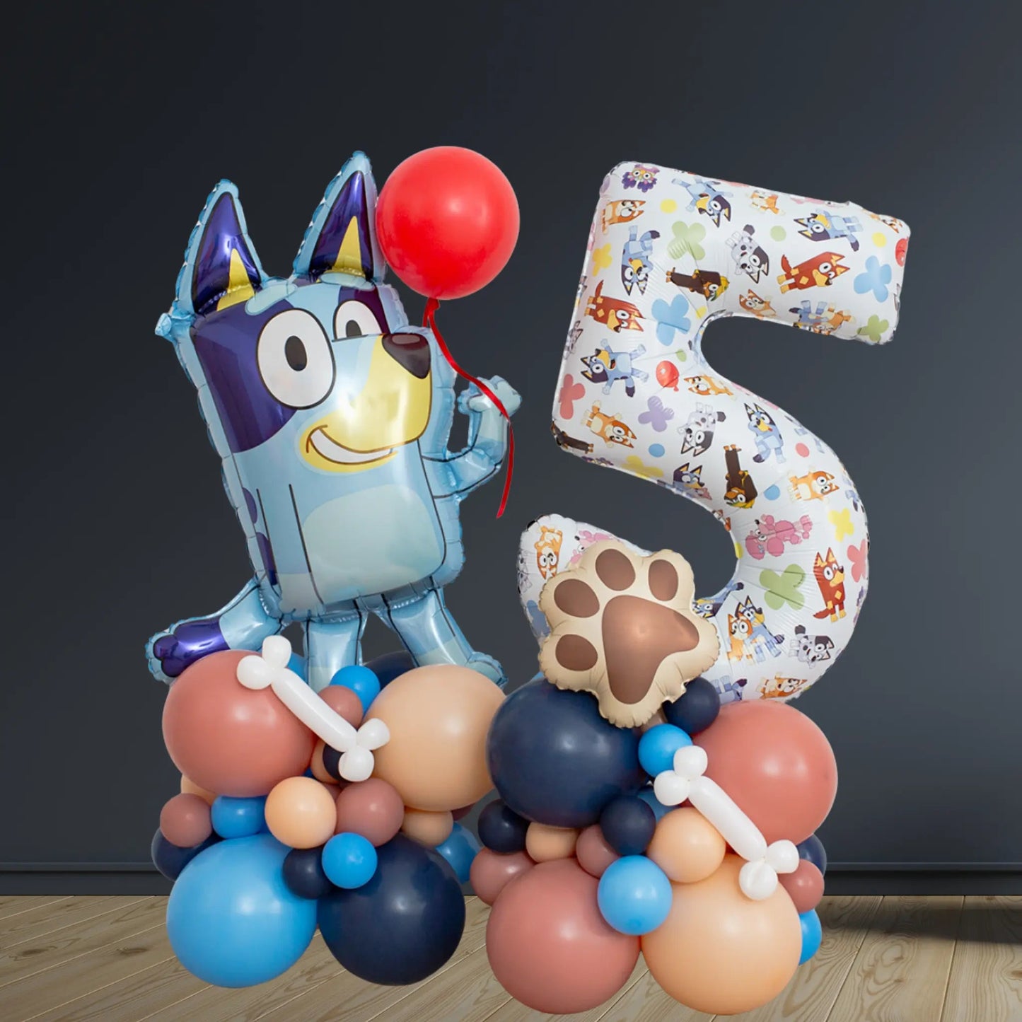 Bluey Ages 1 - 5 Balloon Stack with Paw & Bone Decor | The Party Hut Cheltenham