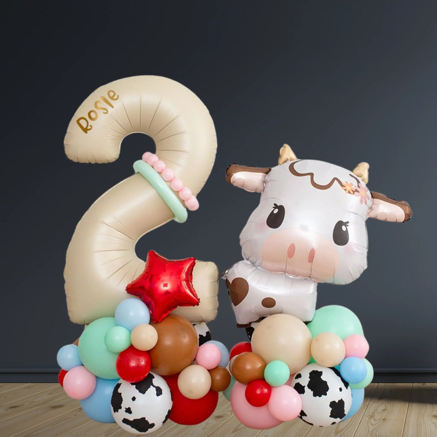 Farm Cow Balloon Stack 1–5 with Name | Pastel Birthday | The Party Hut Cheltenham