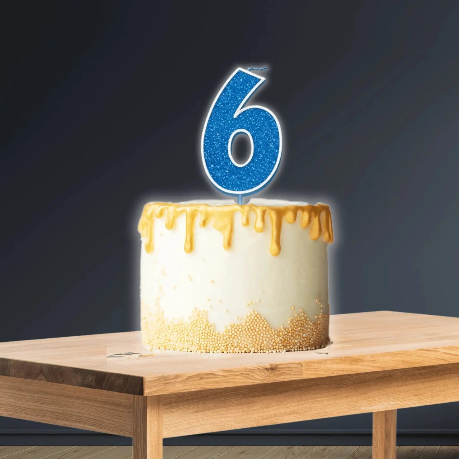 Glitter Number 6 Candle – 7.5cm, Blue & Silver