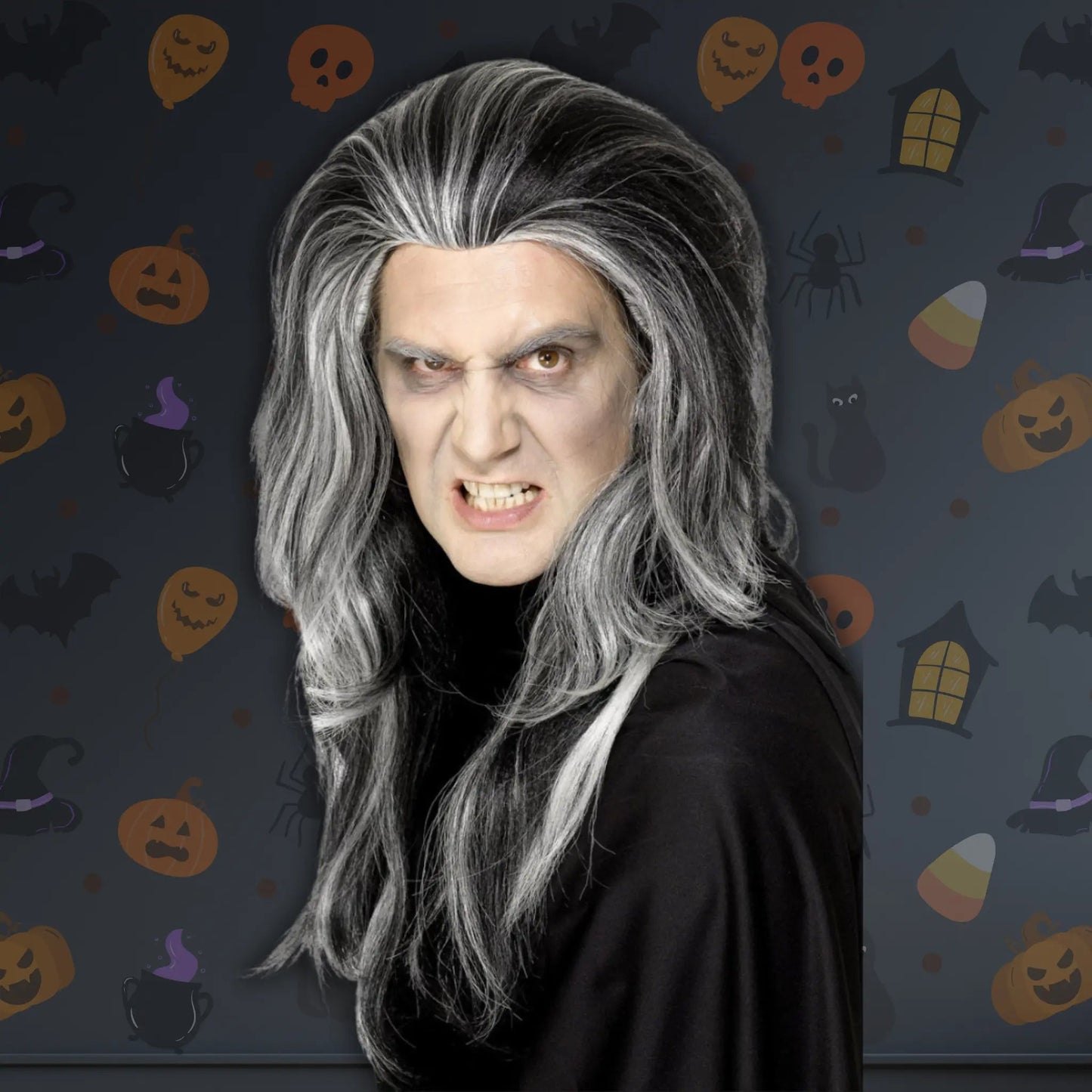 Gothic Vampire Wig – Long Black Wig with White Highlights | The Party Hut Cheltenham