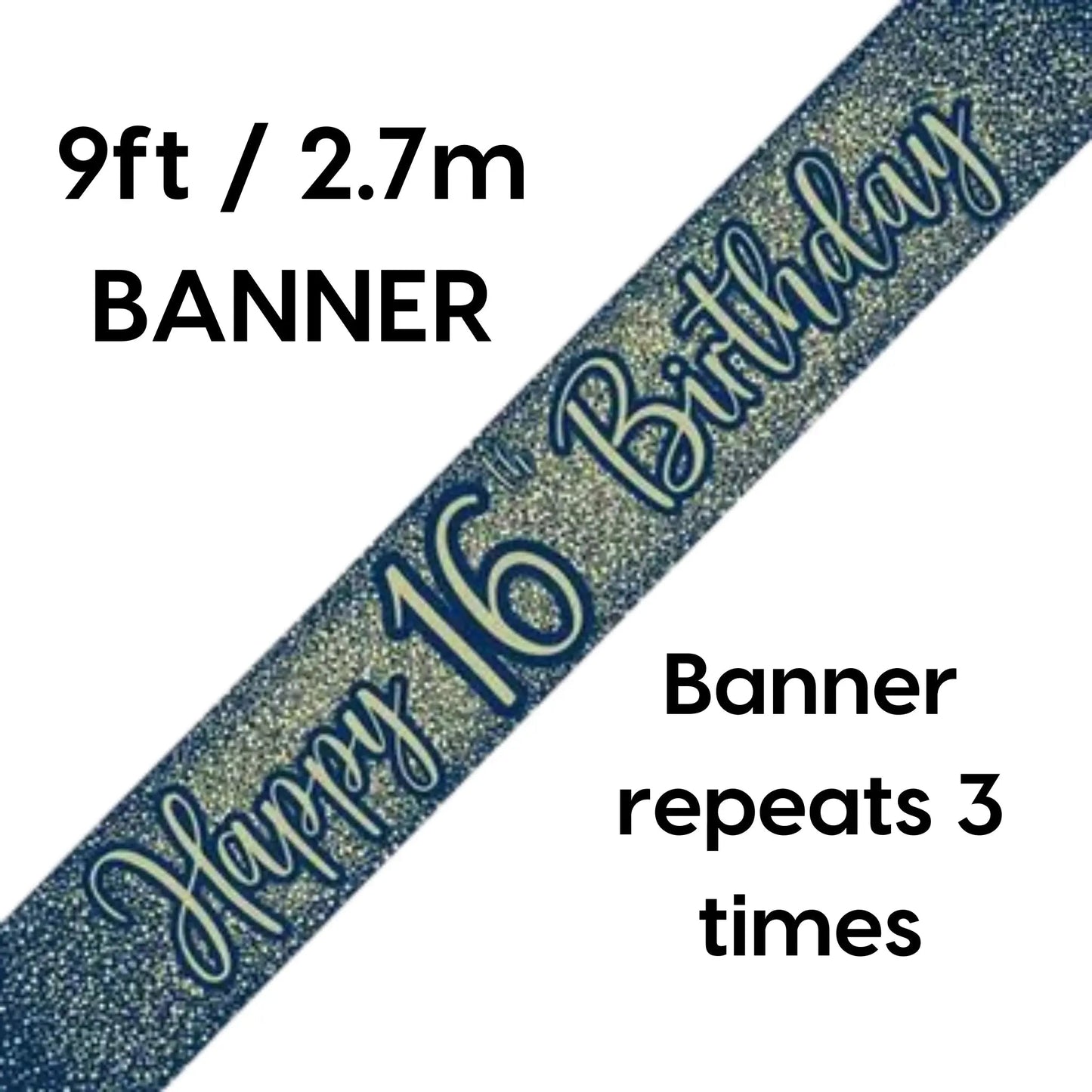 Happy 16th Birthday Banner – 9ft Metallic Glitter Navy & Gold | The Party Hut Cheltenham