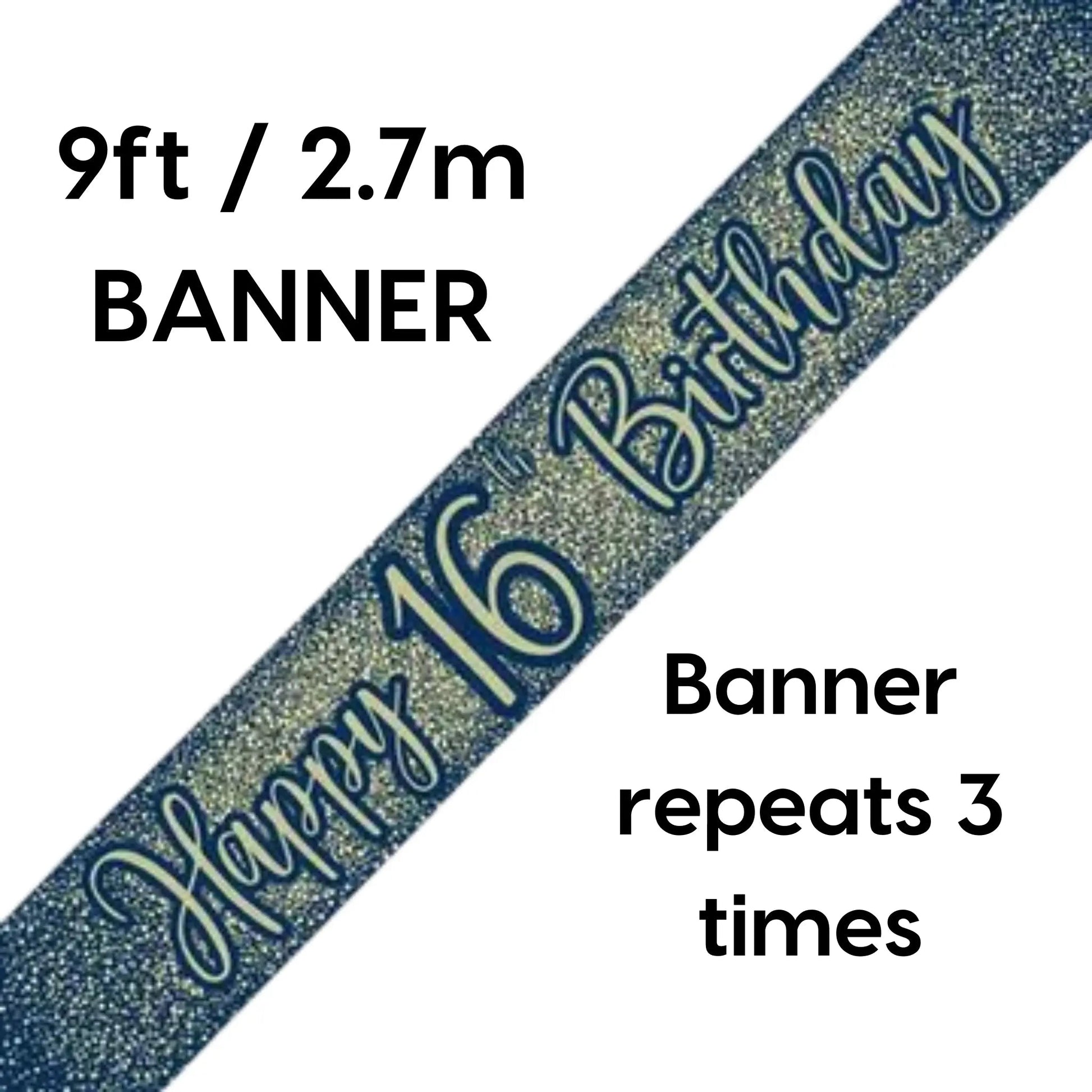 Happy 16th Birthday Banner Navy & Gold Glitter – 9ft