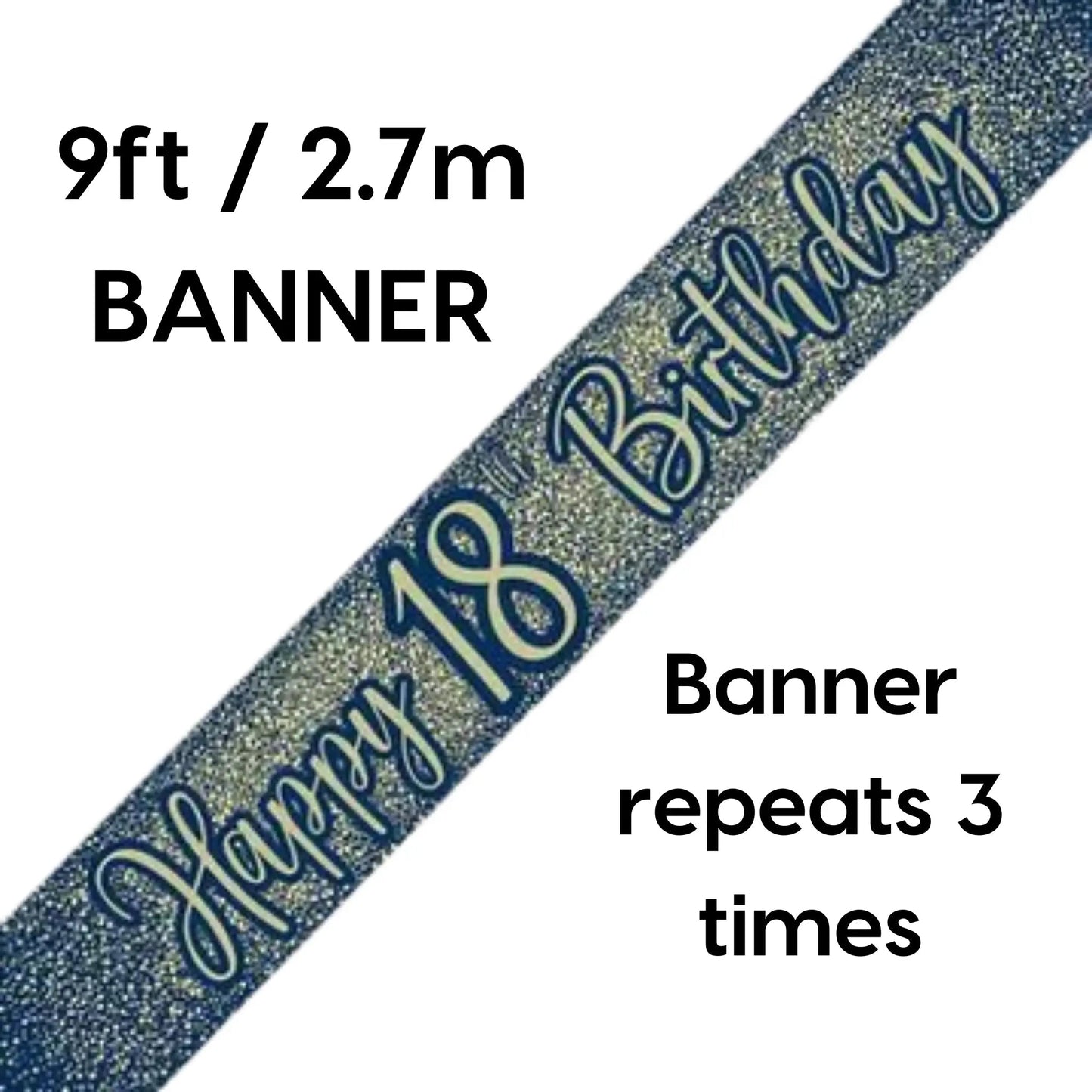 Happy 18th Birthday Banner – 9ft Metallic Glitter Navy & Gold | The Party Hut Cheltenham