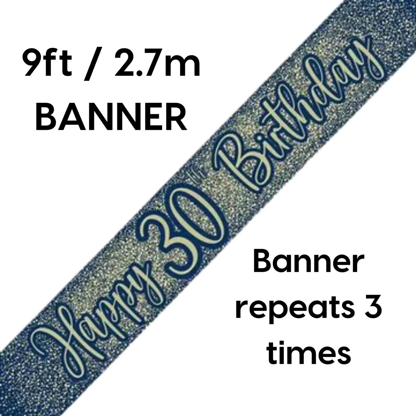 Happy 30th Birthday Banner – 9ft Metallic Glitter Navy & Gold | The Party Hut Cheltenham