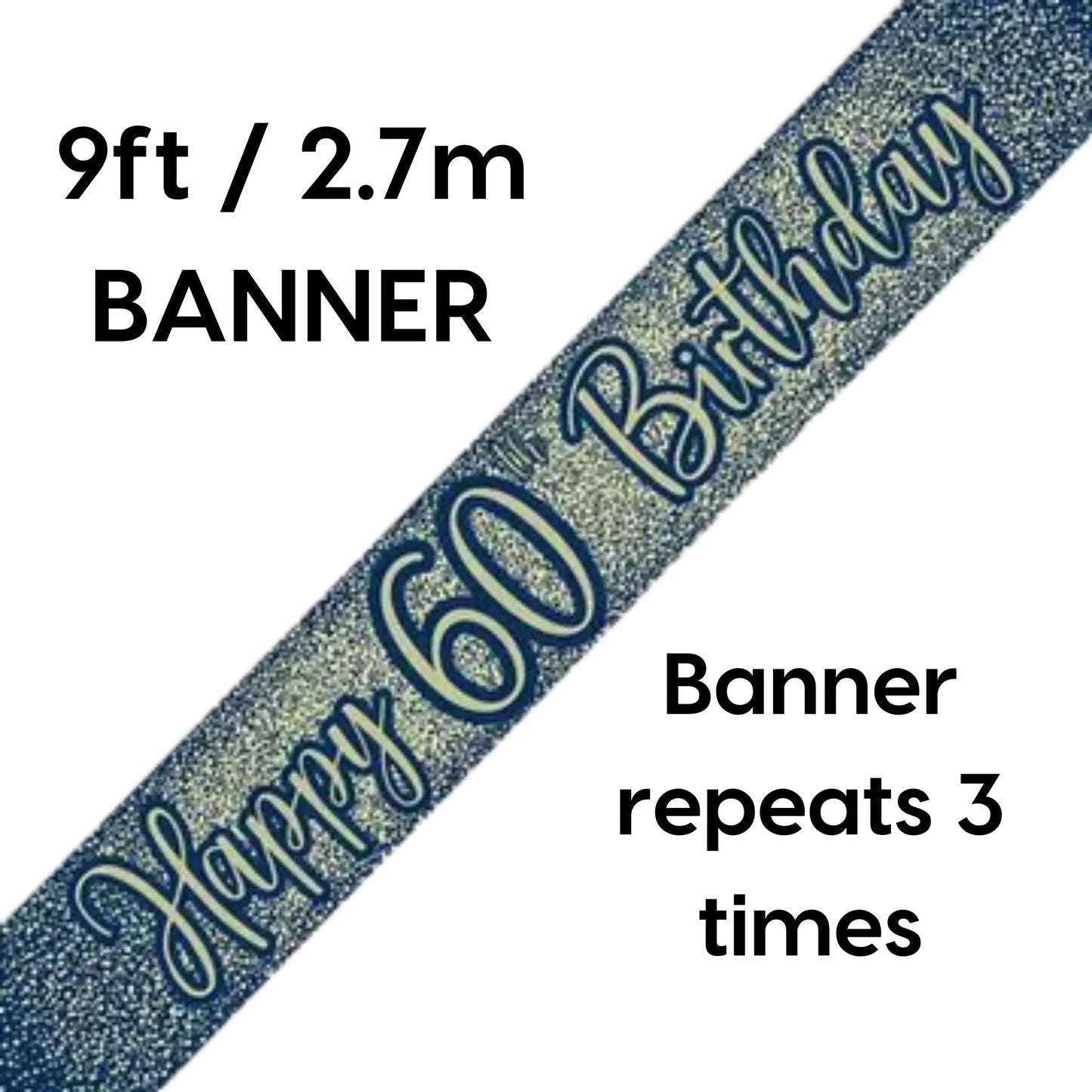 Happy 60th Birthday Banner – 9ft Metallic Glitter Navy & Gold | The Party Hut Cheltenham