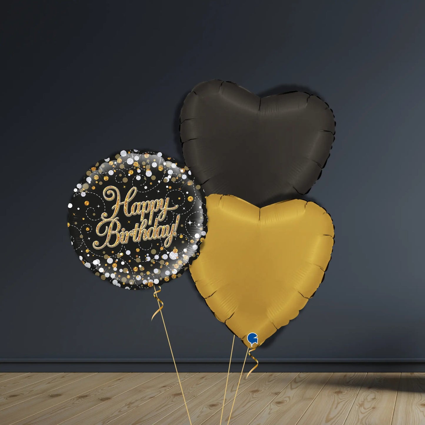 Happy Birthday Balloon Package | Gold & Black Hearts, Helium | The Party Hut Cheltenham