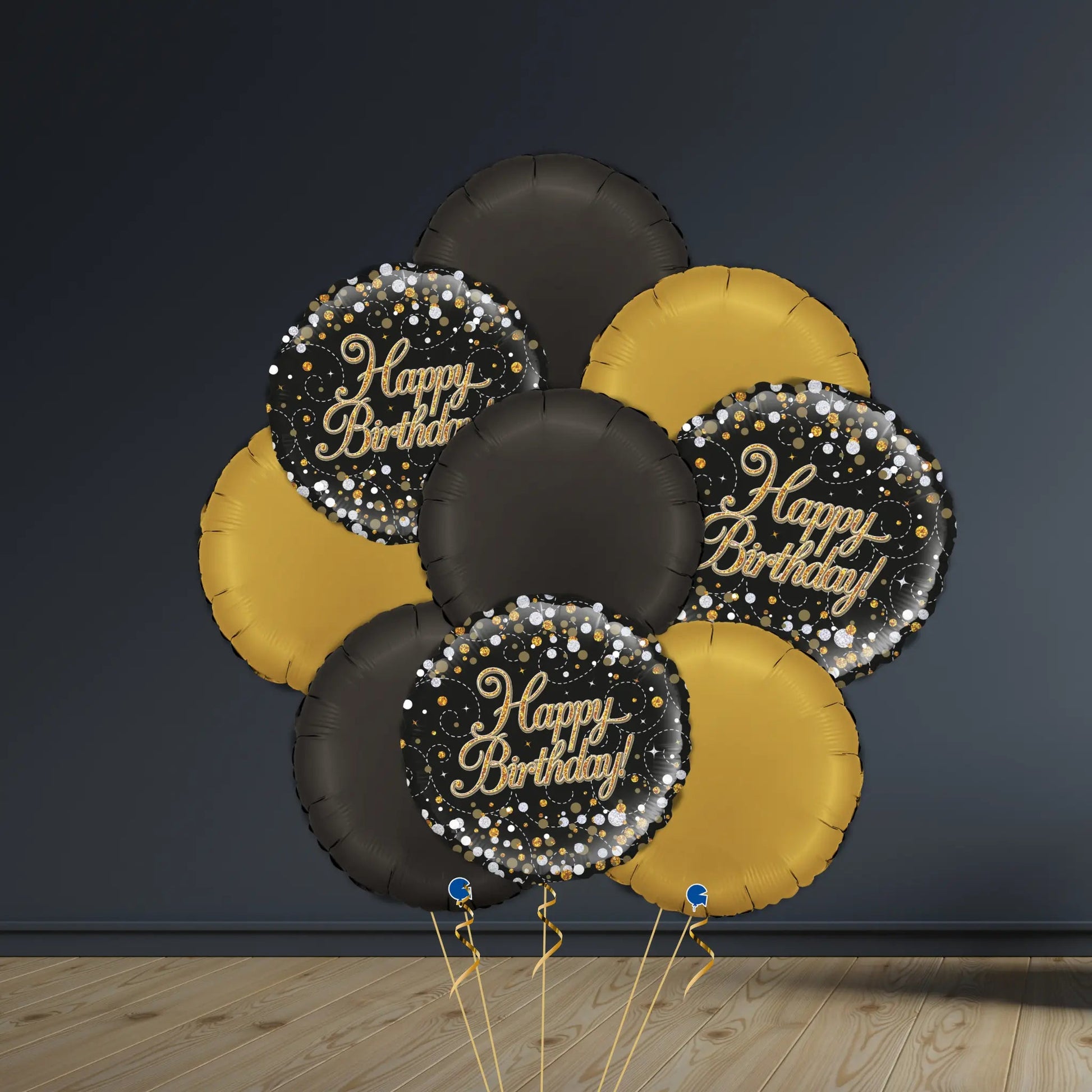 Happy Birthday Balloon Package | Gold & Black Rounds & Helium