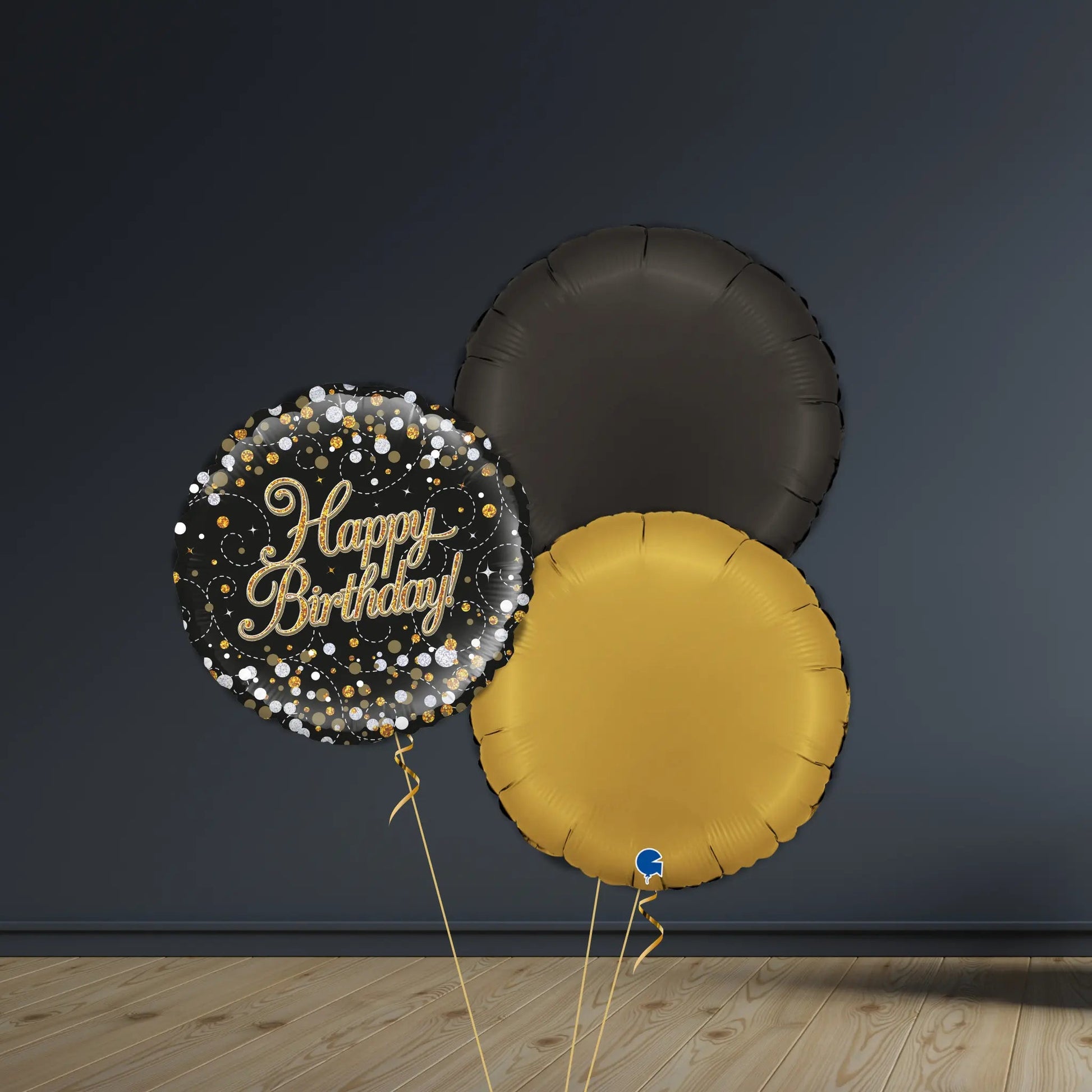 Happy Birthday Balloon Package | Gold & Black Rounds & Helium