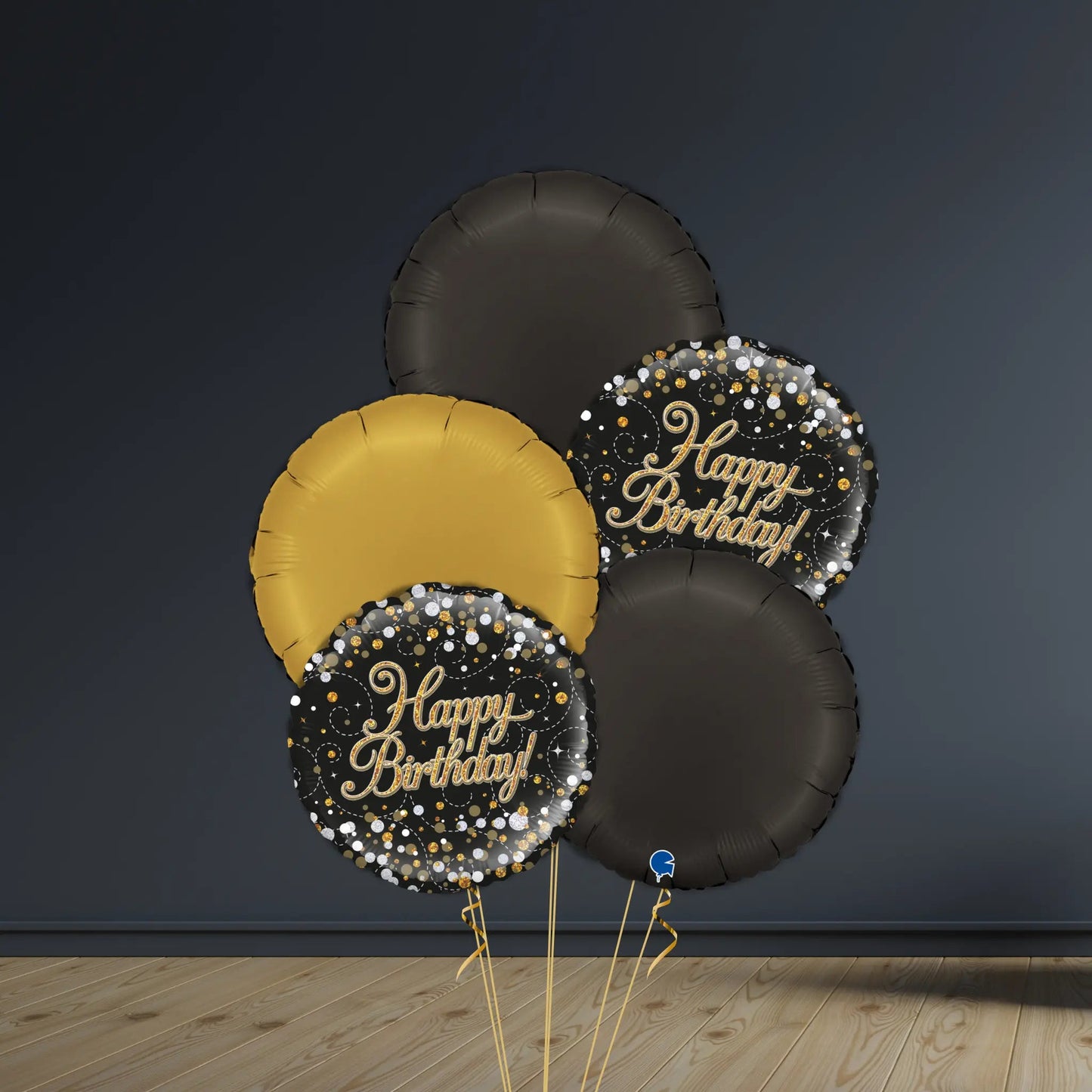 Happy Birthday Balloon Package | Gold & Black Rounds, Helium | The Party Hut Cheltenham