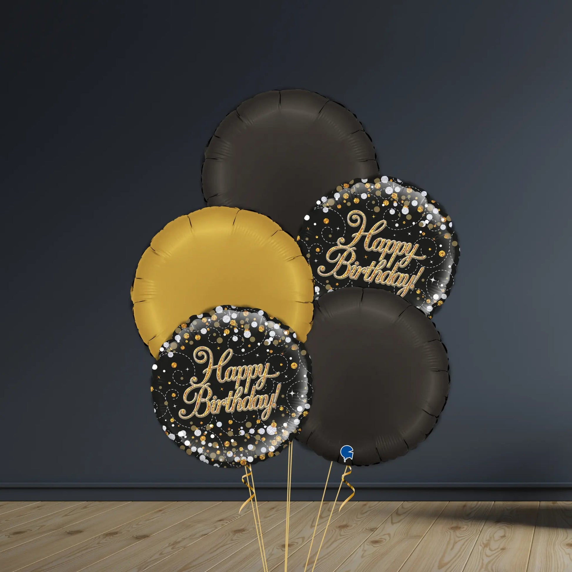 Happy Birthday Balloon Package | Gold & Black Rounds & Helium