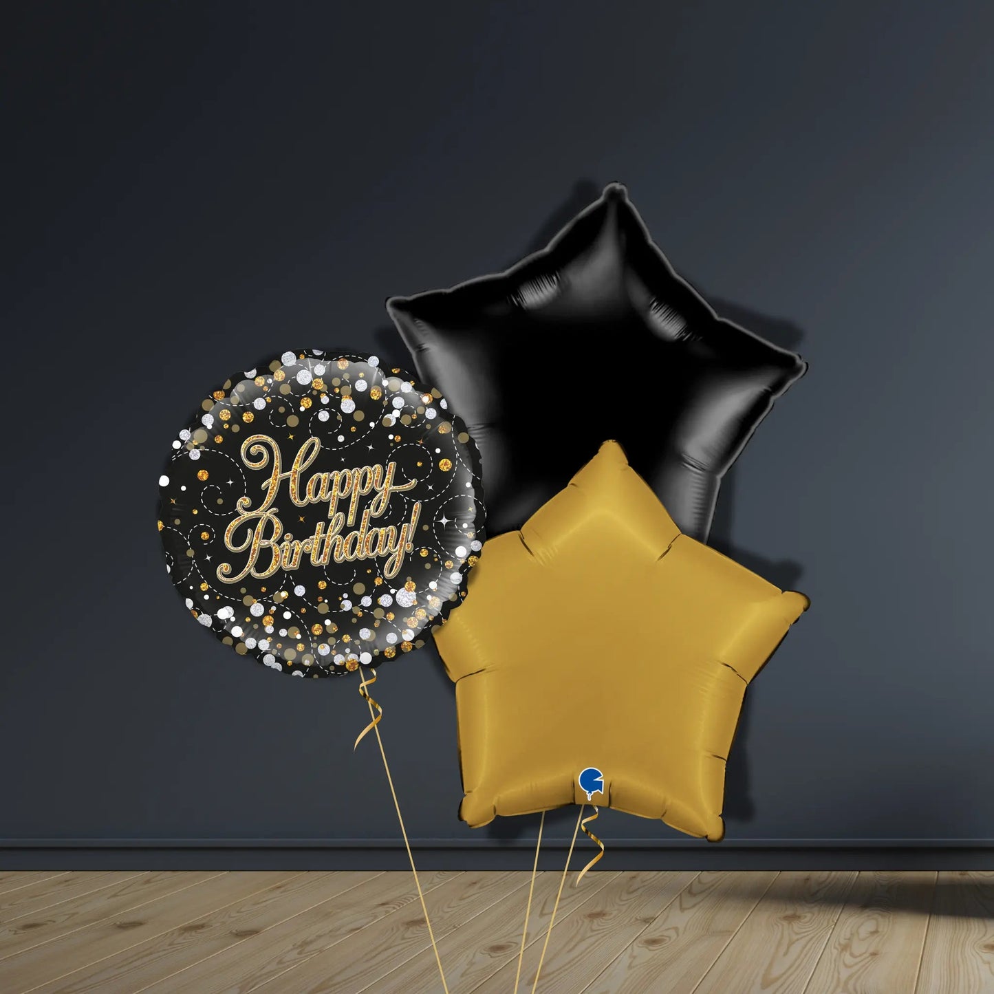 Happy Birthday Balloon Package | Gold & Black Stars, Helium | The Party Hut Cheltenham