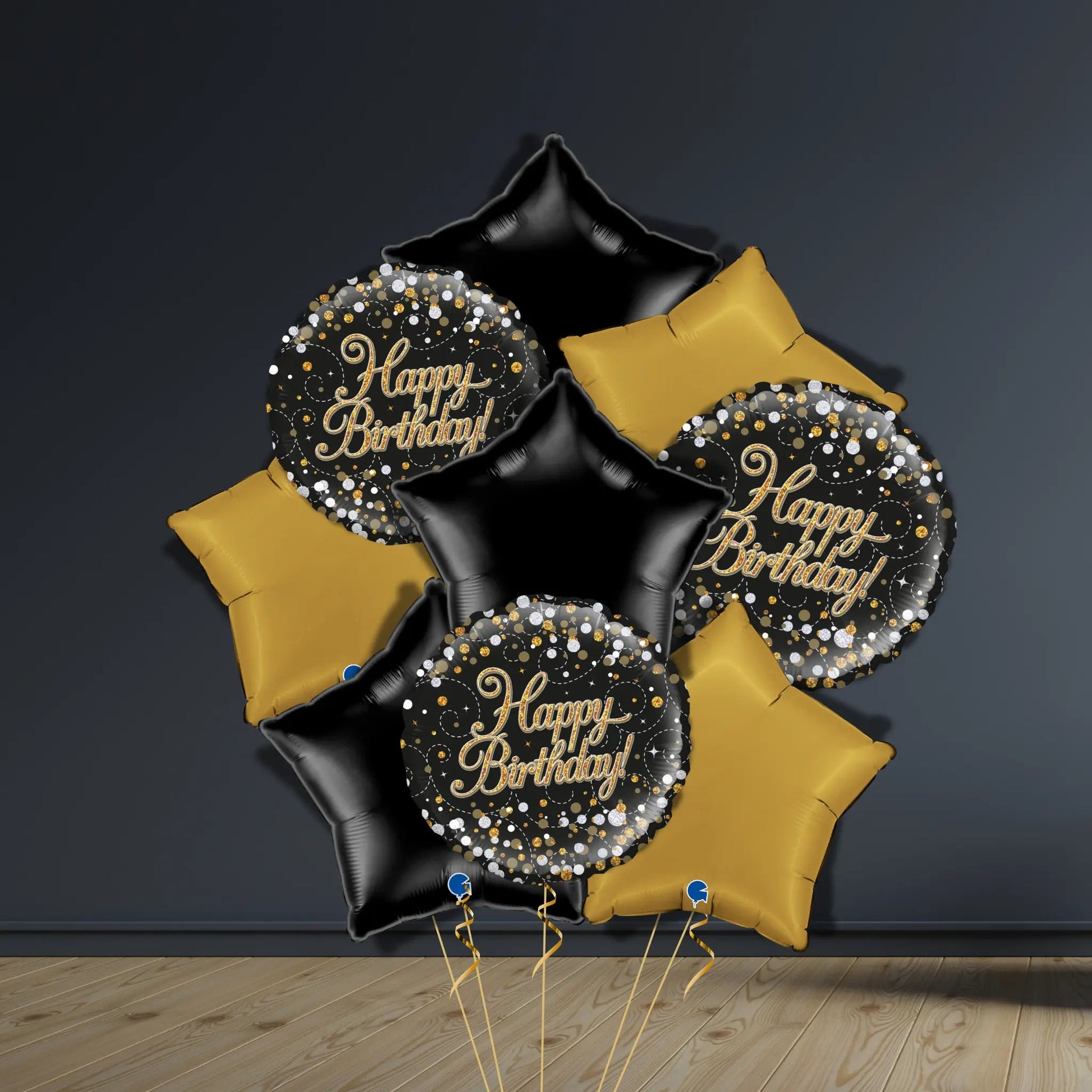Happy Birthday Balloon Package | Gold & Black Stars, Helium