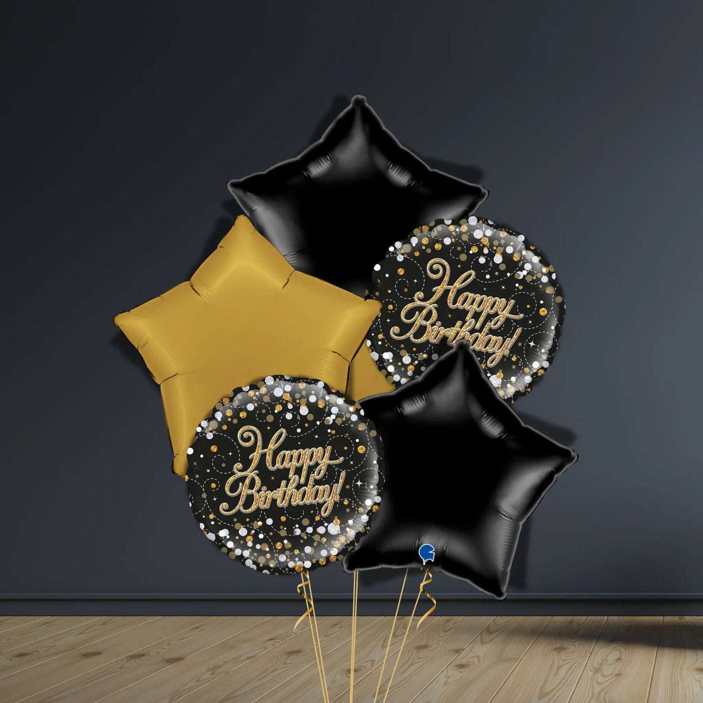 Happy Birthday Balloon Package | Gold & Black Stars, Helium | The Party Hut Cheltenham