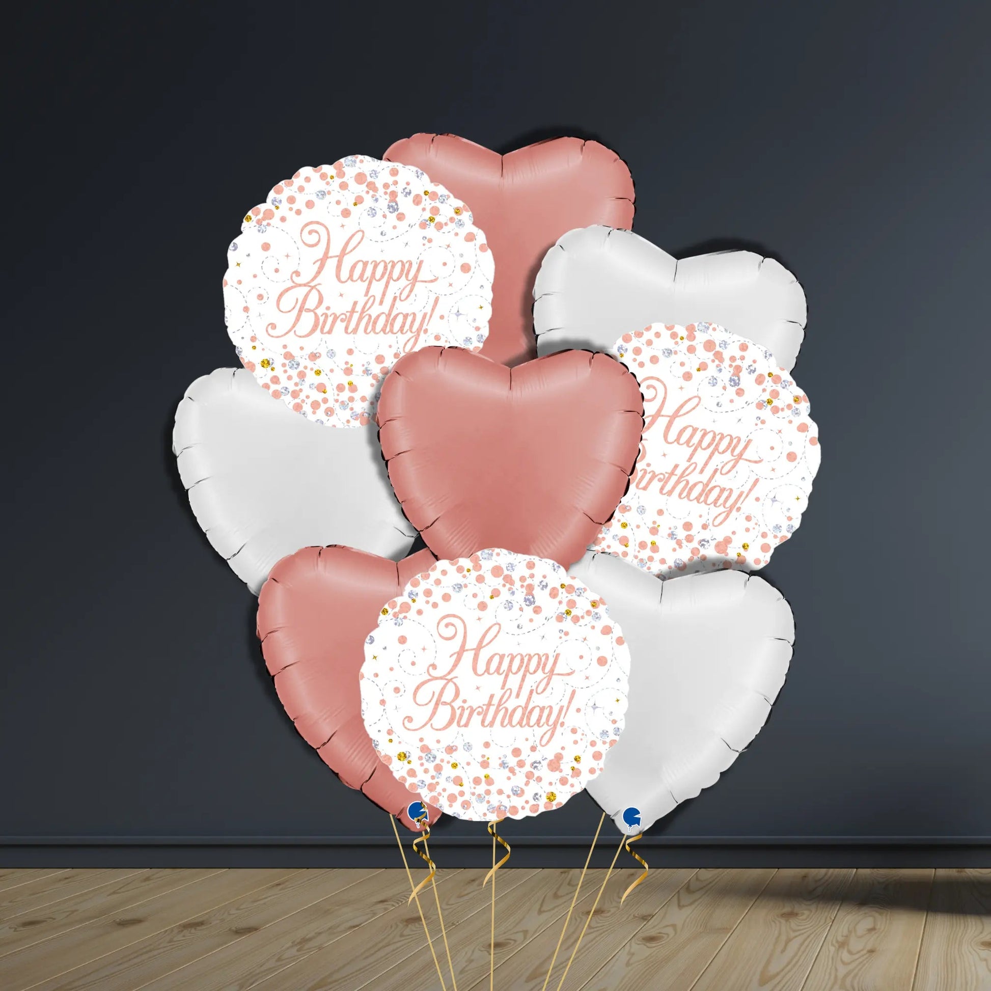 Happy Birthday Balloon Package | Rose Gold Hearts & Helium
