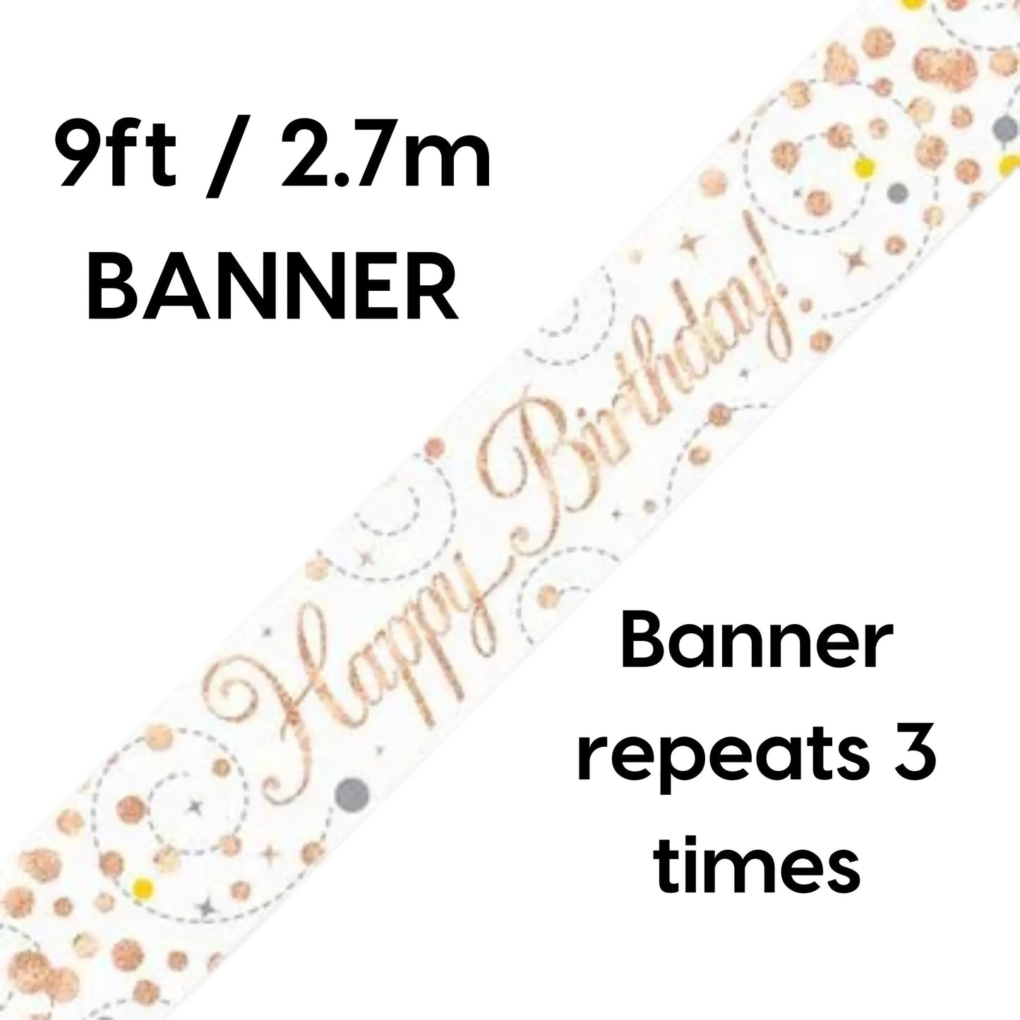 Happy Birthday Banner – 9ft Sparkling Fizz White & Rose Gold Holographic | The Party Hut Cheltenham