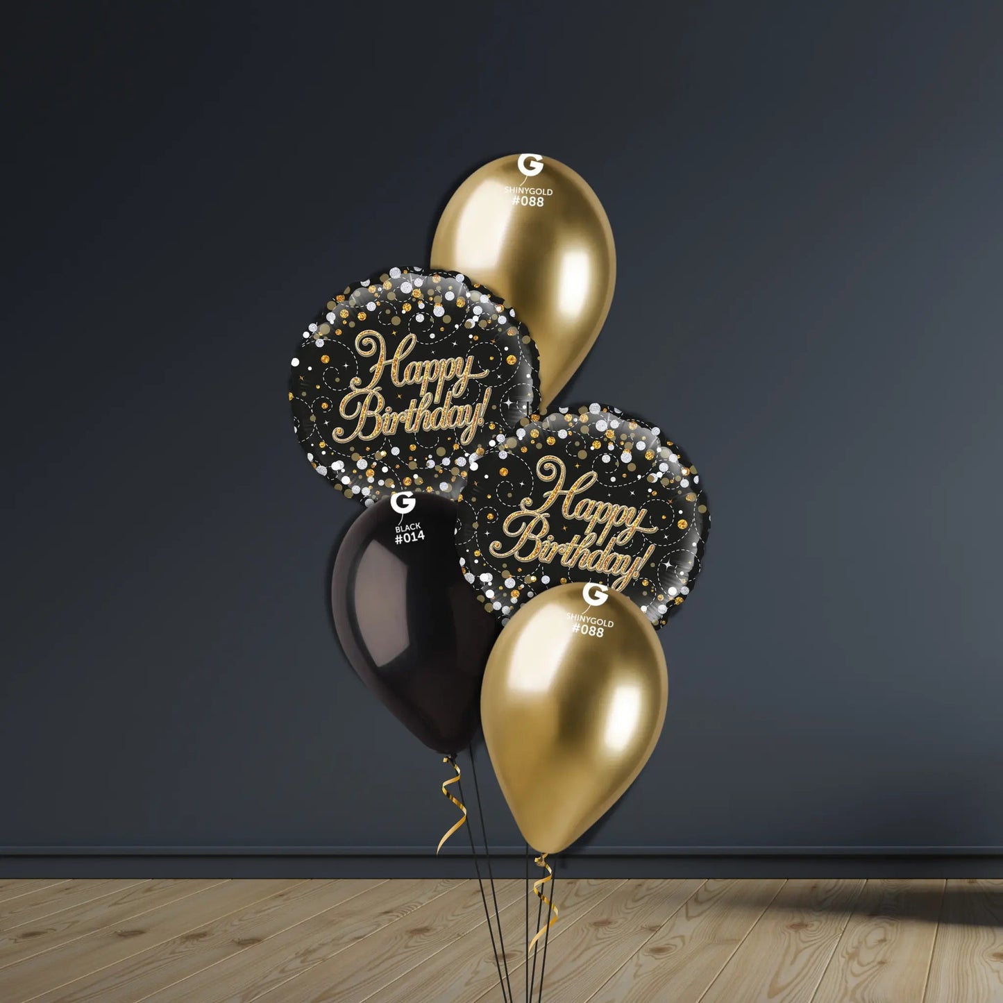 Helium Filled Black & Gold Birthday Balloon Package (5pc) | The Party Hut Cheltenham